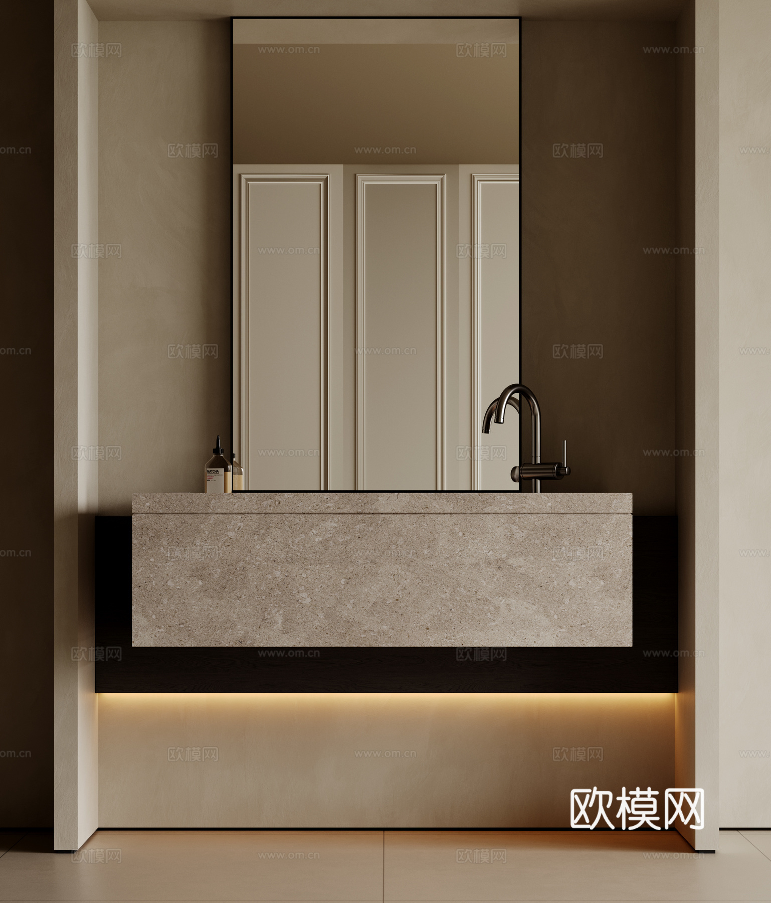 现代极简洗手台 中古浴室柜 台盆柜 装饰品摆件 镜子 卫生间su模型下载（渲染图1）