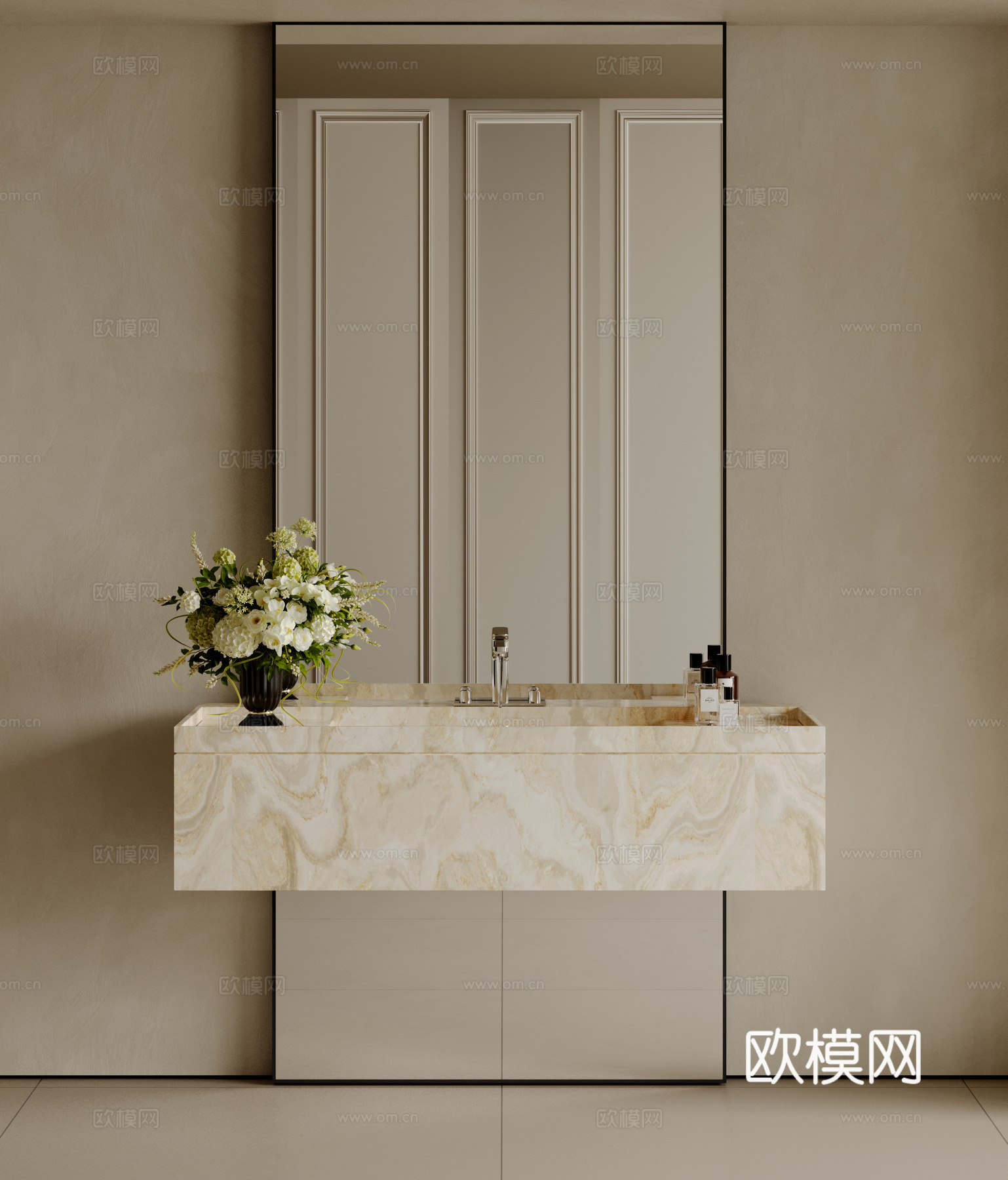 现代极简洗手台 中古浴室柜 台盆柜 装饰品摆件 镜子 卫生间su模型