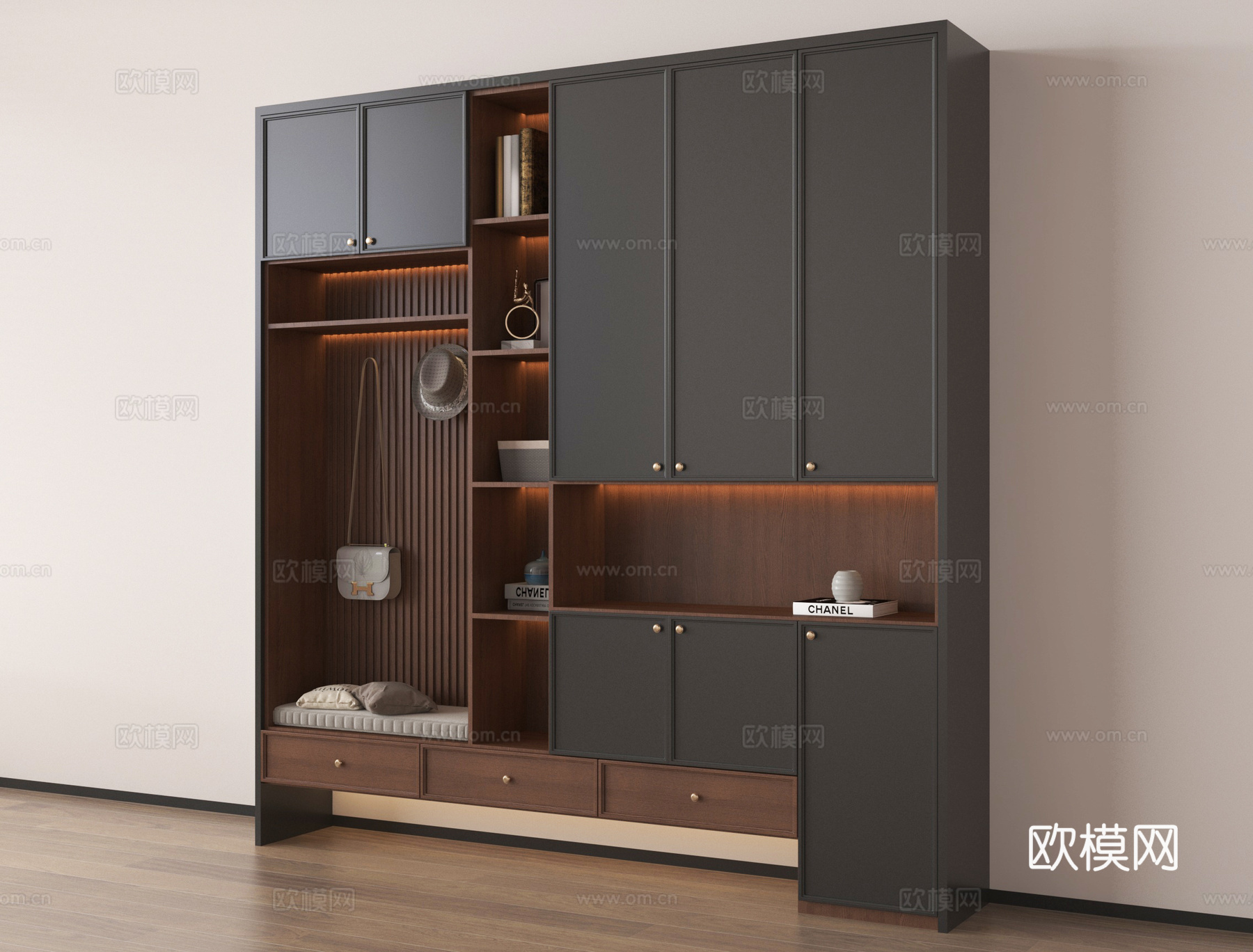 法式玄关鞋柜 高柜 木材 换鞋凳su模型