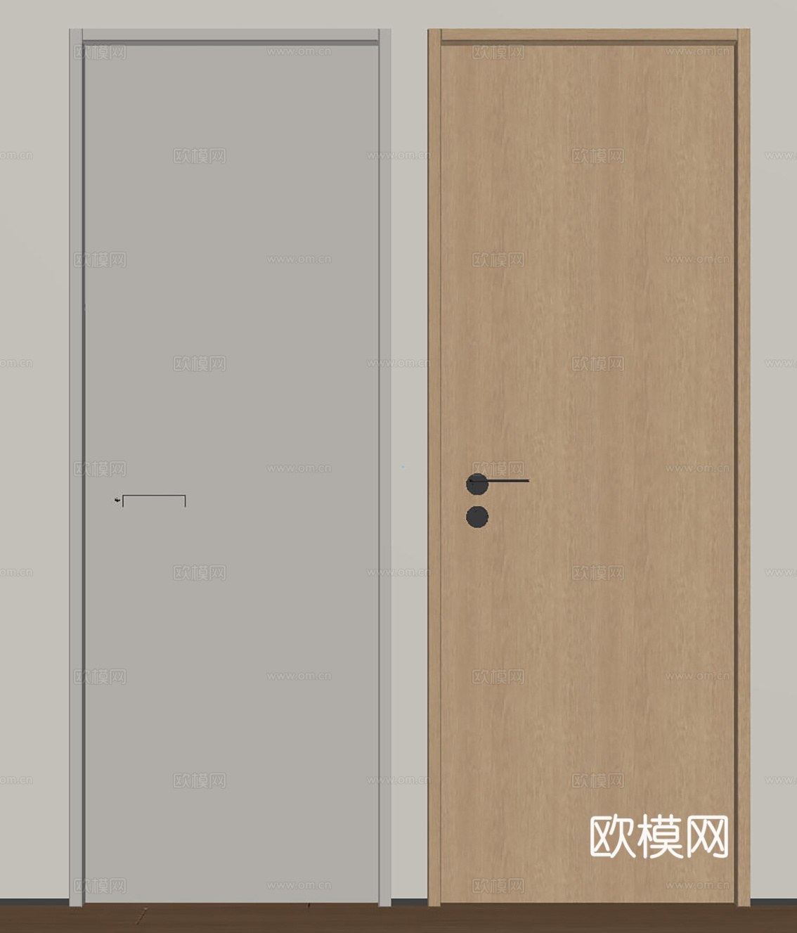 现代极简单开门 中古房间门 卧室门 平板门 实木门 平开门su模型