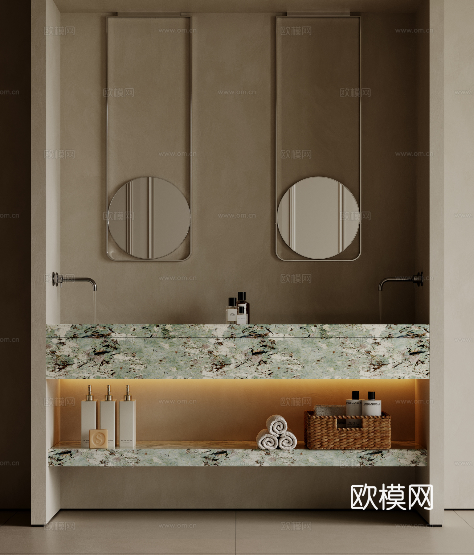现代极简洗手台 中古浴室柜 台盆柜 装饰品摆件 镜子 卫生间su模型下载（渲染图1）