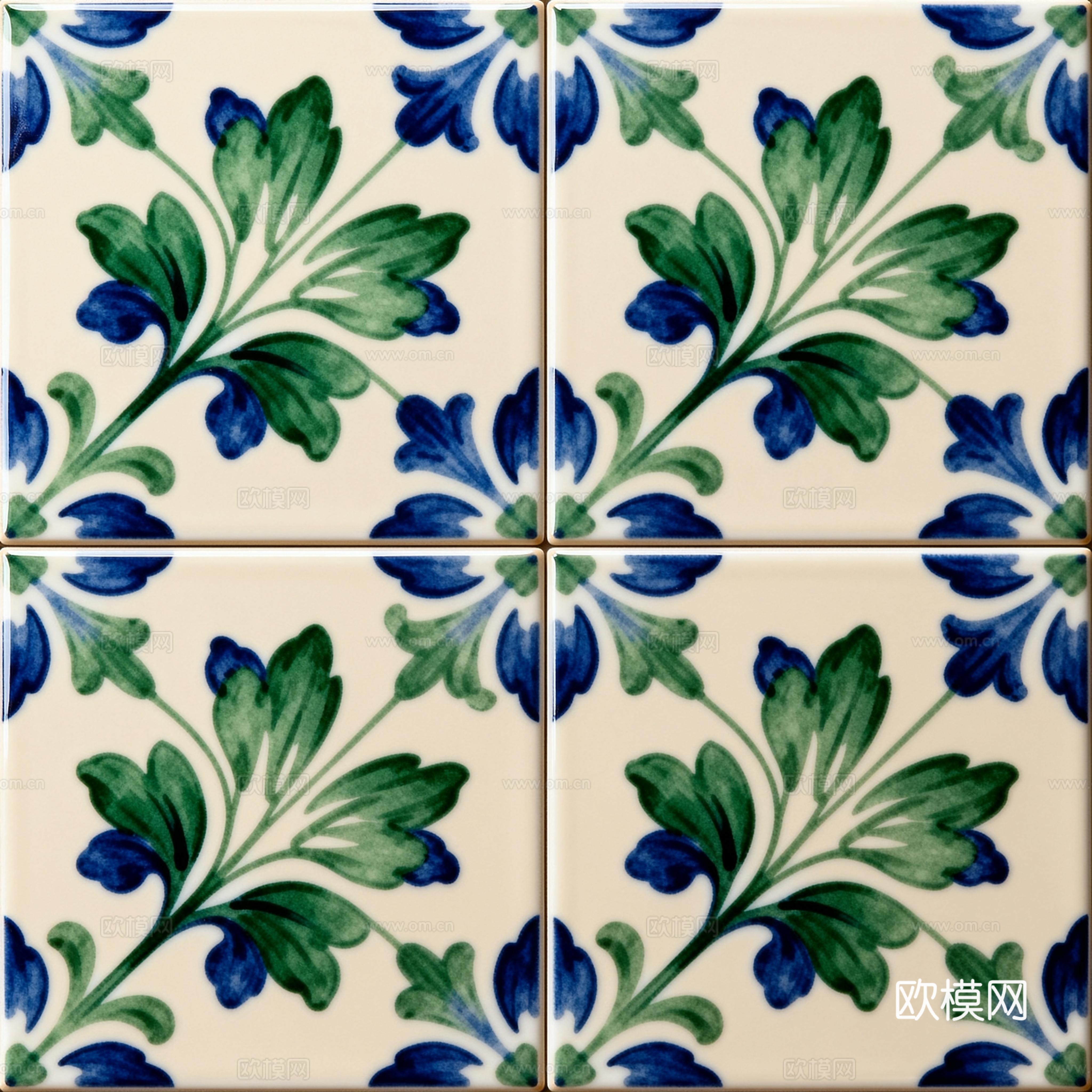 田园风 蓝绿色花砖 绿色手绘艺术花砖 工艺砖 花纹图案花砖