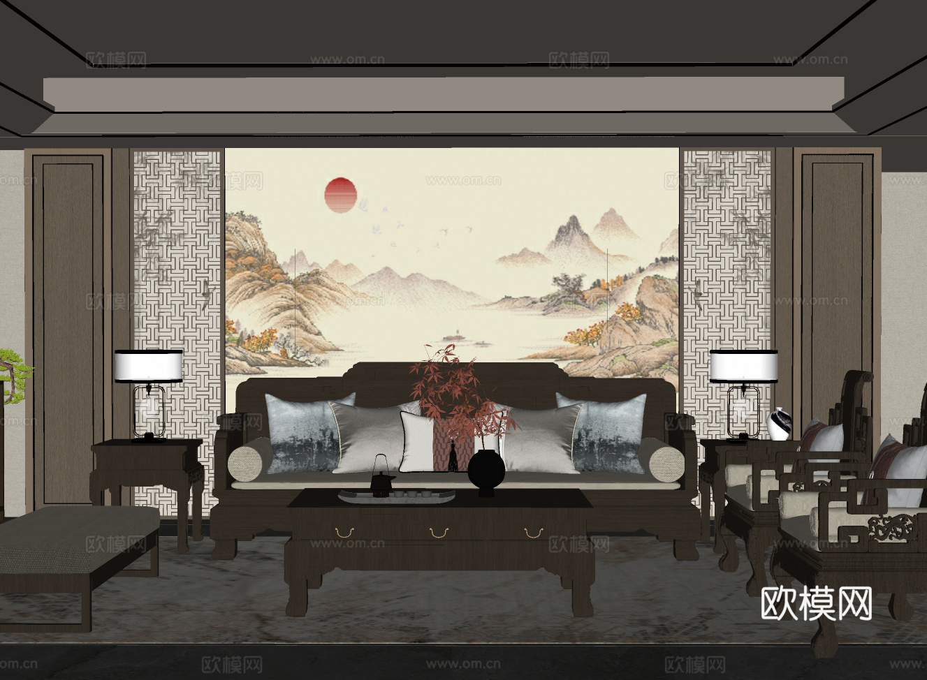 新中式客厅 沙发 实木沙发 中式沙发su模型