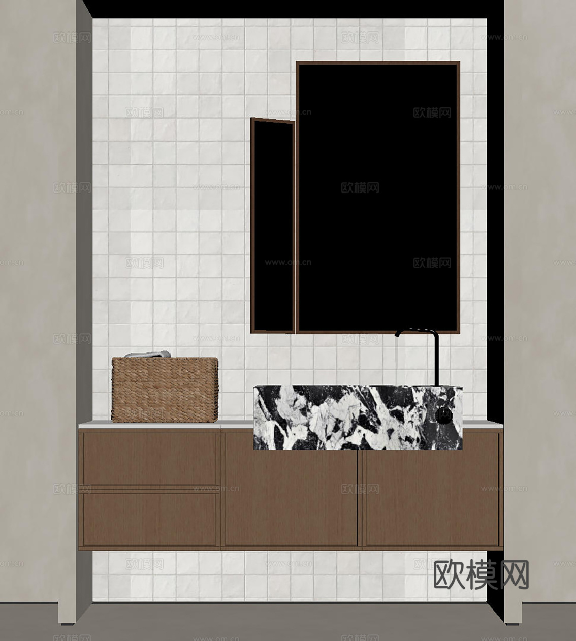 现代极简洗手台 中古浴室柜 台盆柜 装饰品摆件 镜子 卫生间su模型