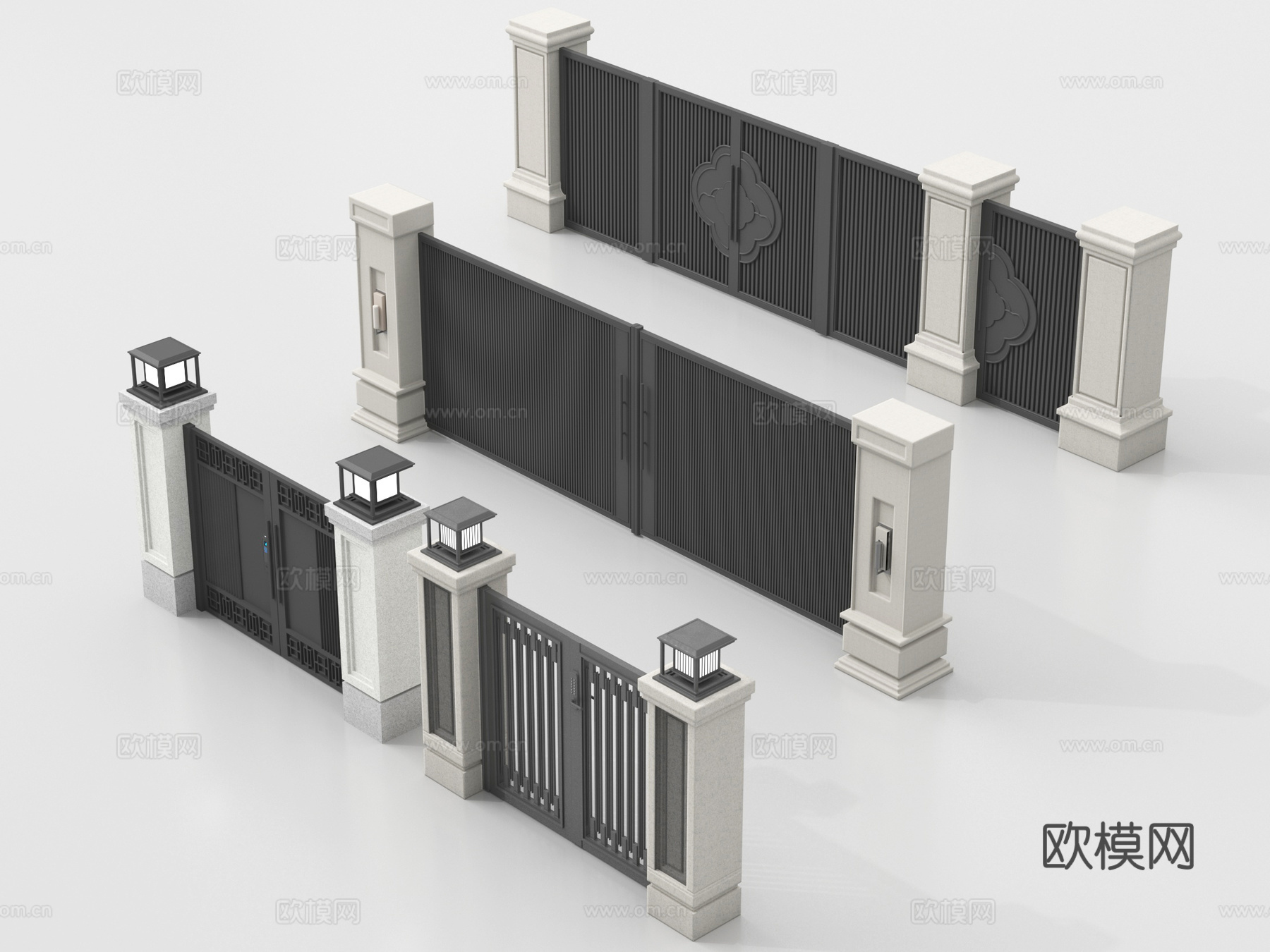 新中式庭院门 围墙 别墅大门 别墅庭院门 庭院铁门su模型