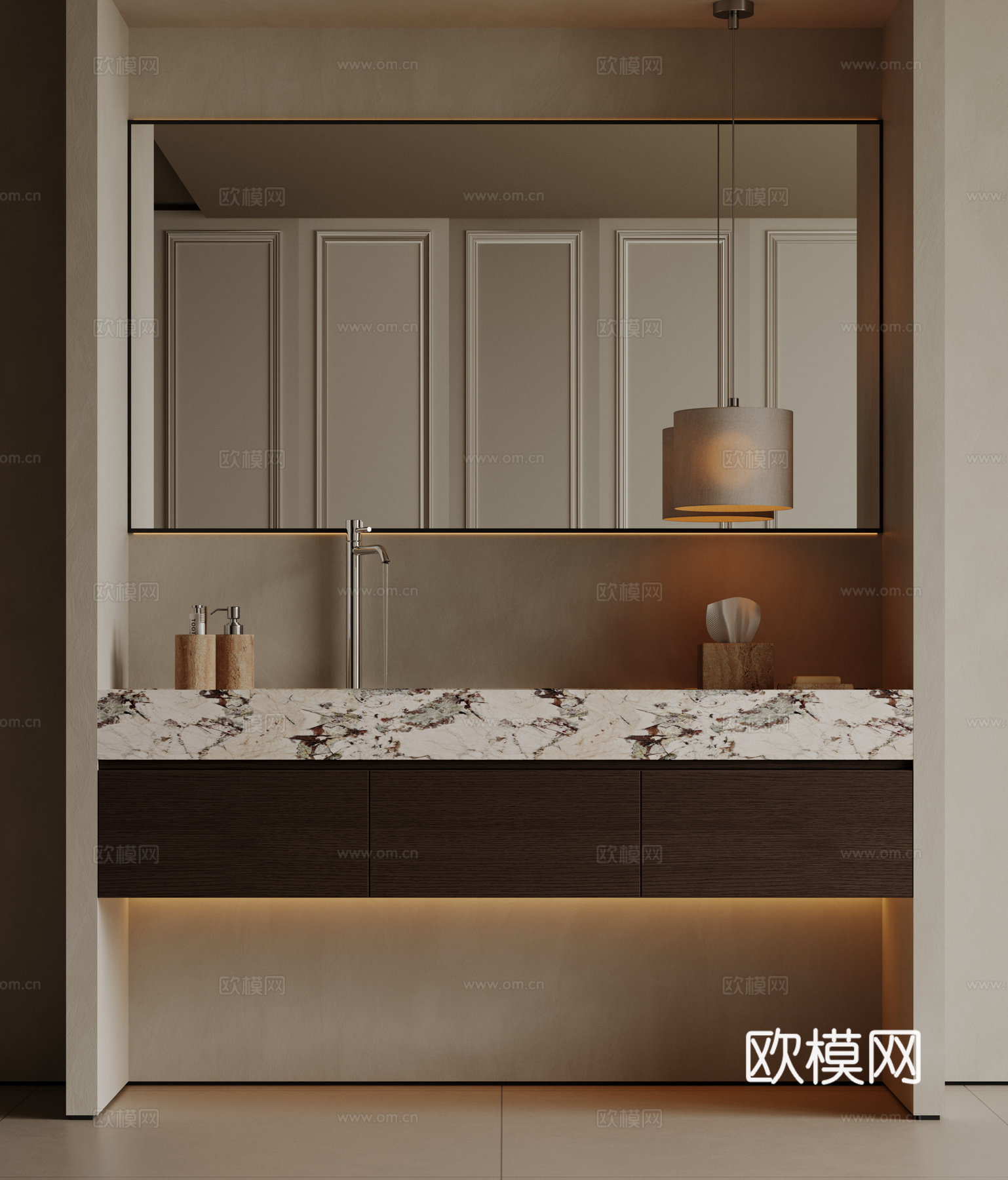 现代极简洗手台 中古浴室柜 台盆柜 装饰品摆件 镜子 卫生间3d模型