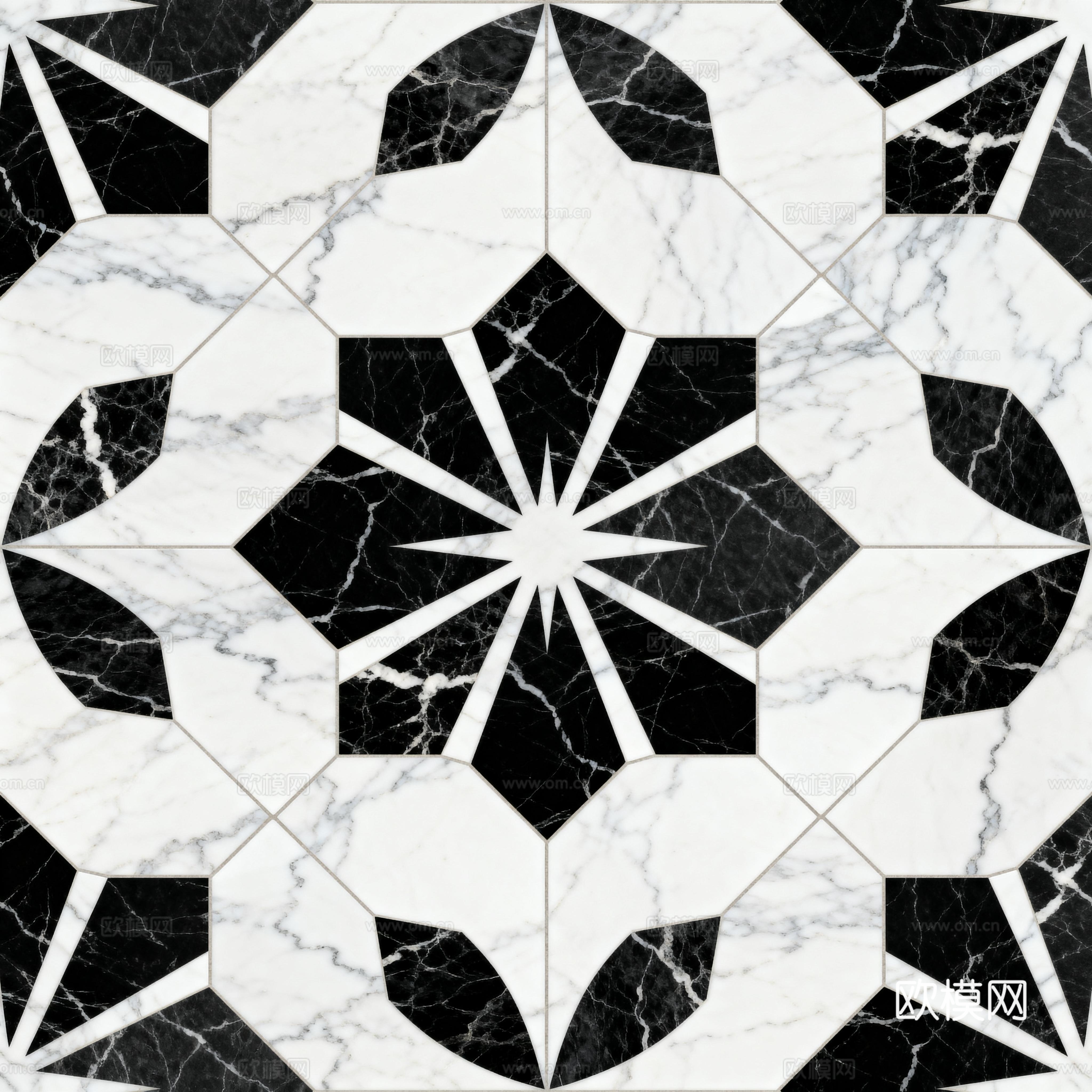 现代花砖 黑白石材拼花 花卉几何图案水刀石材拼花 石材马赛克