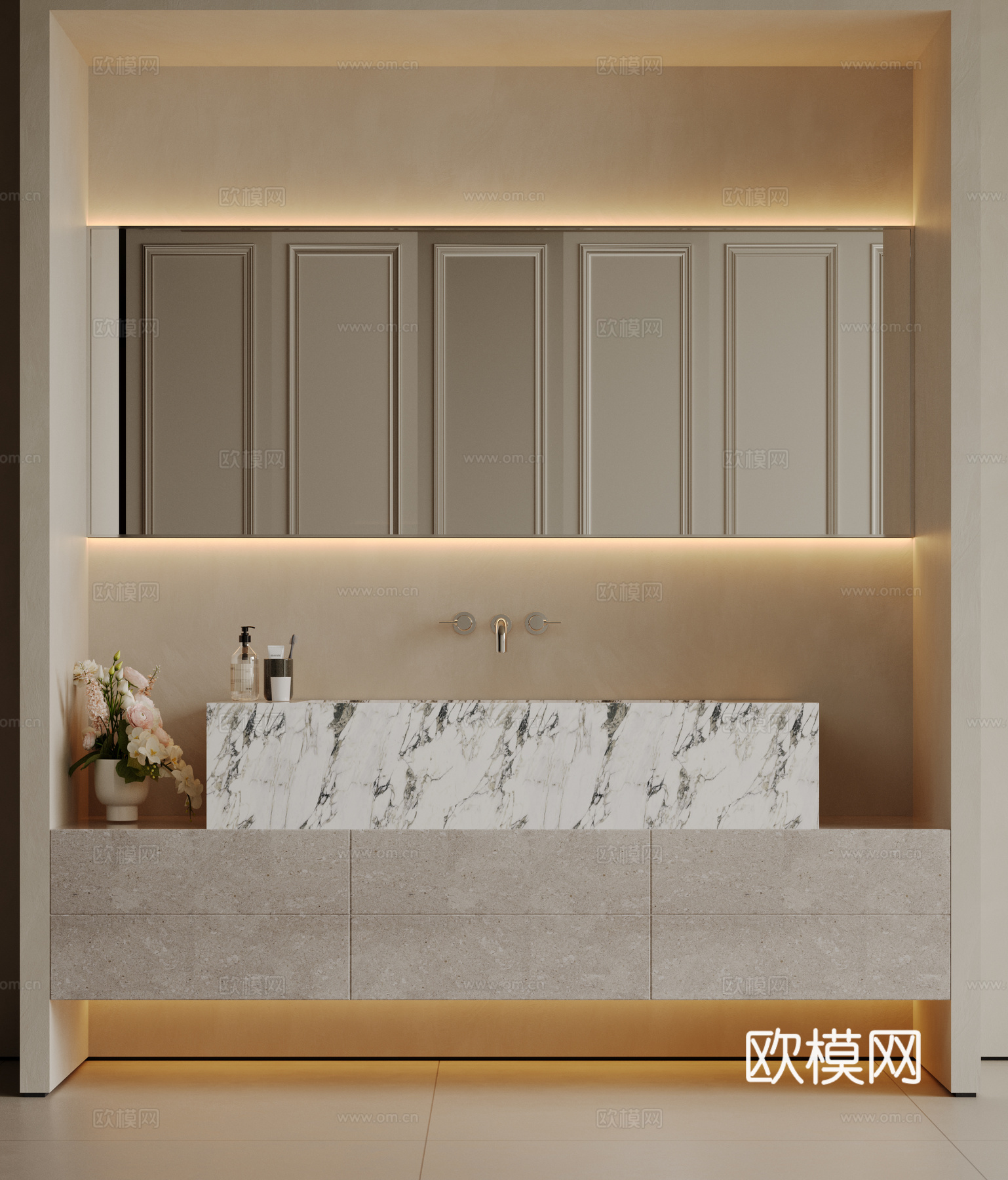 现代极简洗手台 中古浴室柜 台盆柜 装饰品摆件 镜子 卫生间su模型
