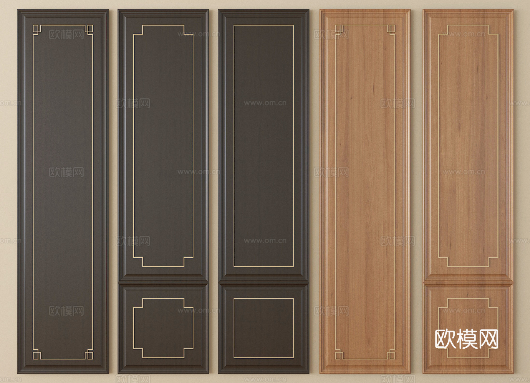 新中式木饰面护墙板 墙饰板 木饰面背景墙su模型