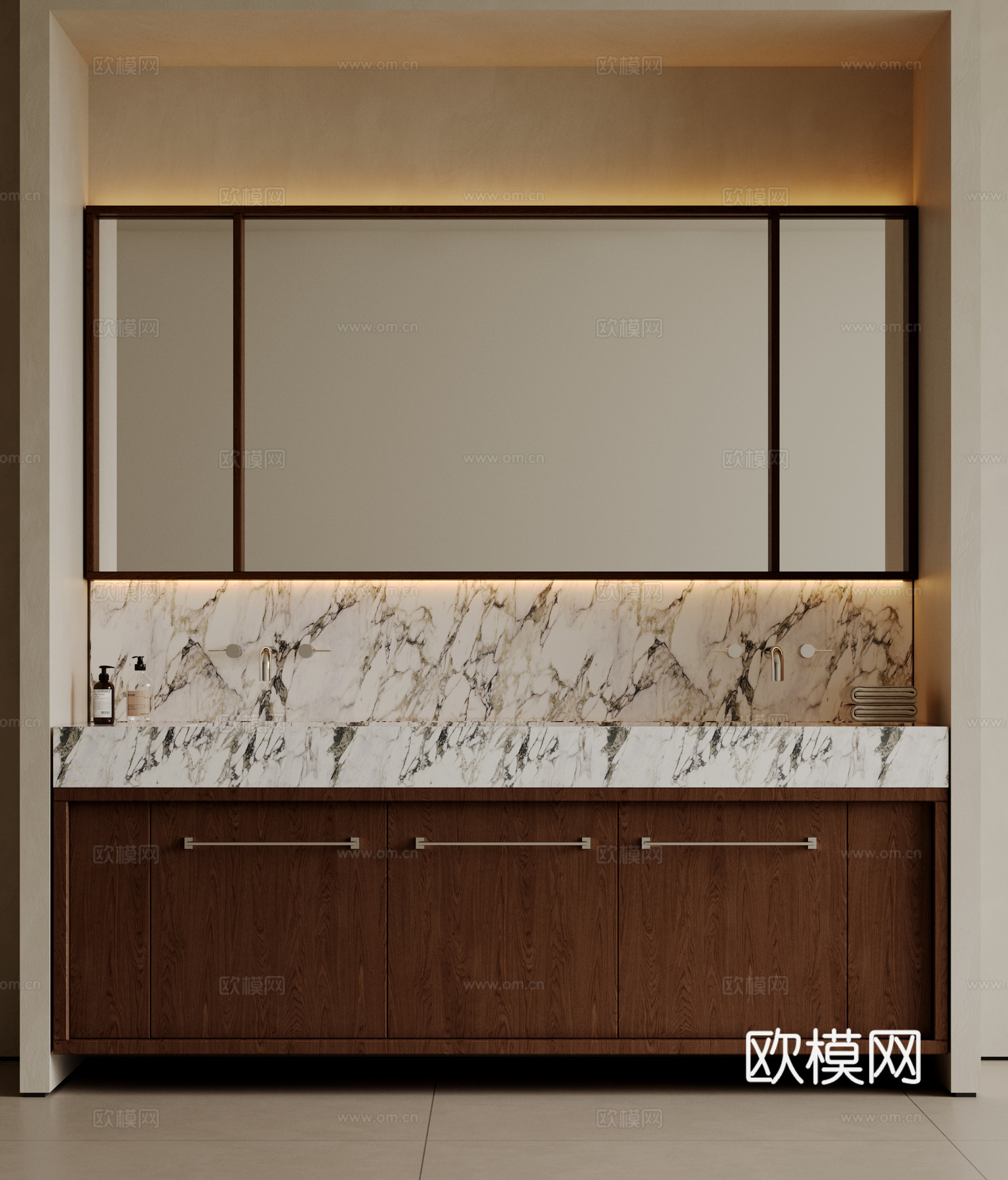 现代极简洗手台 中古浴室柜 台盆柜 装饰品摆件 镜子 卫生间su模型