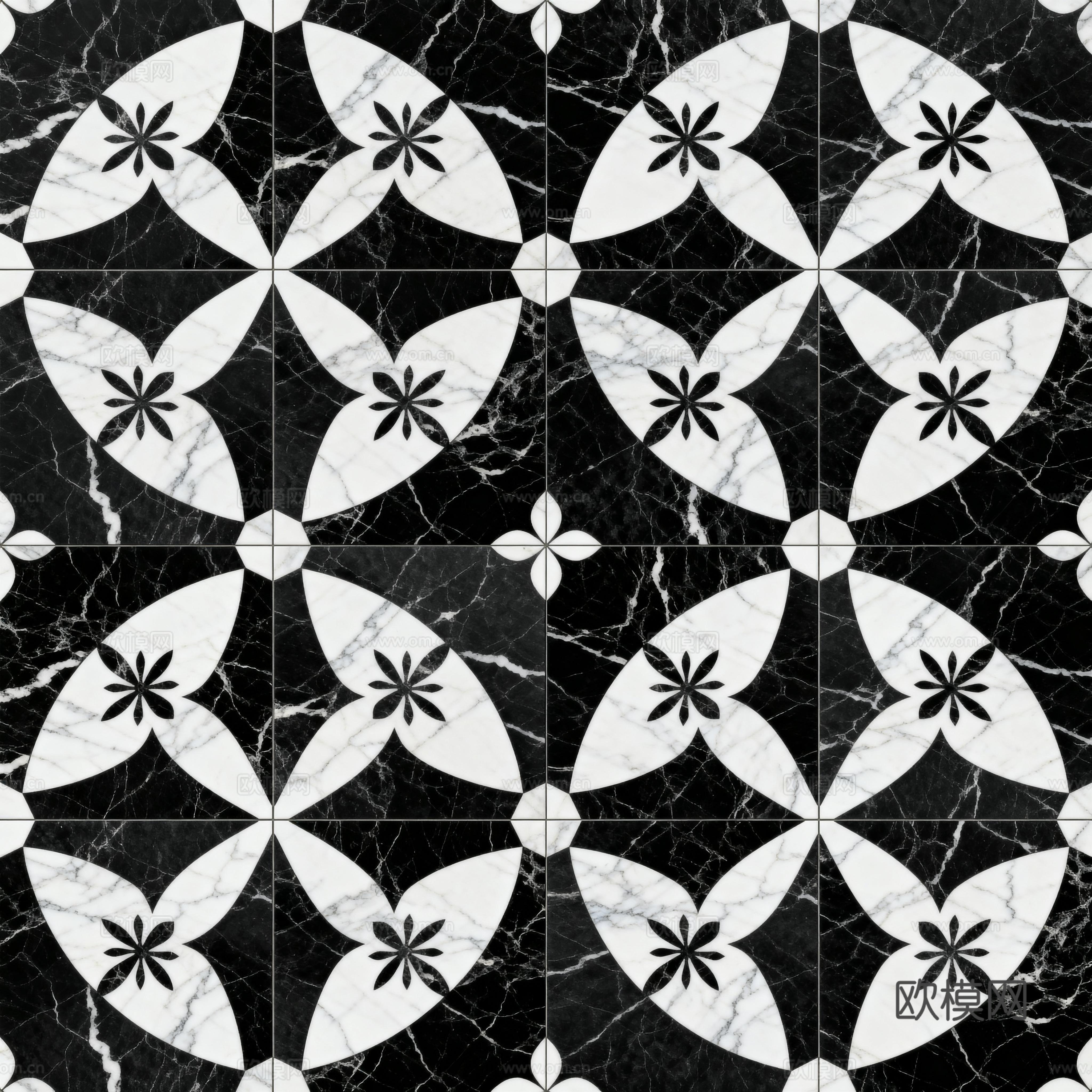 现代花砖 黑白石材拼花 花卉几何图案水刀石材拼花 石材马赛克