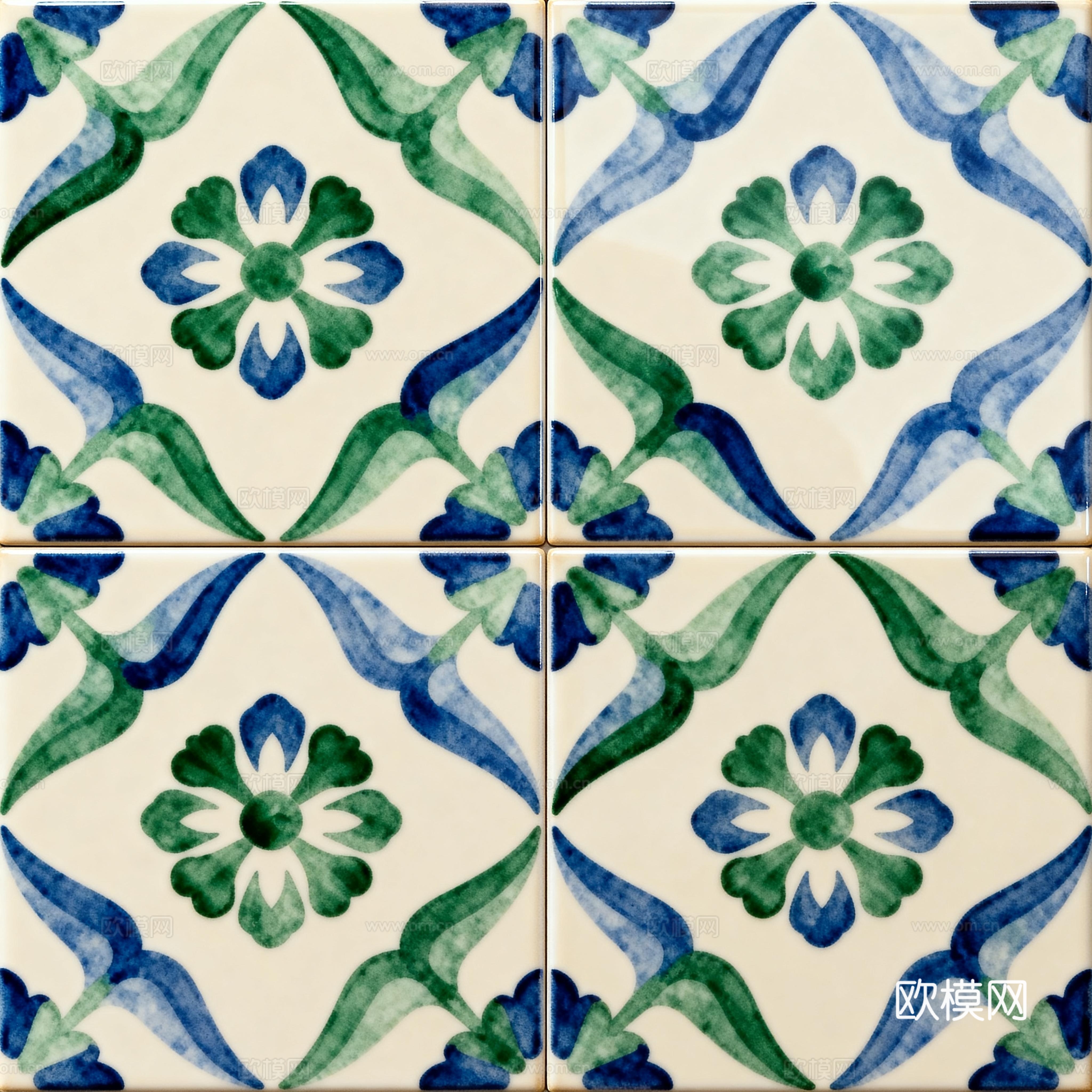 田园风 蓝绿色花砖 绿色手绘艺术花砖 工艺砖 花纹图案花砖