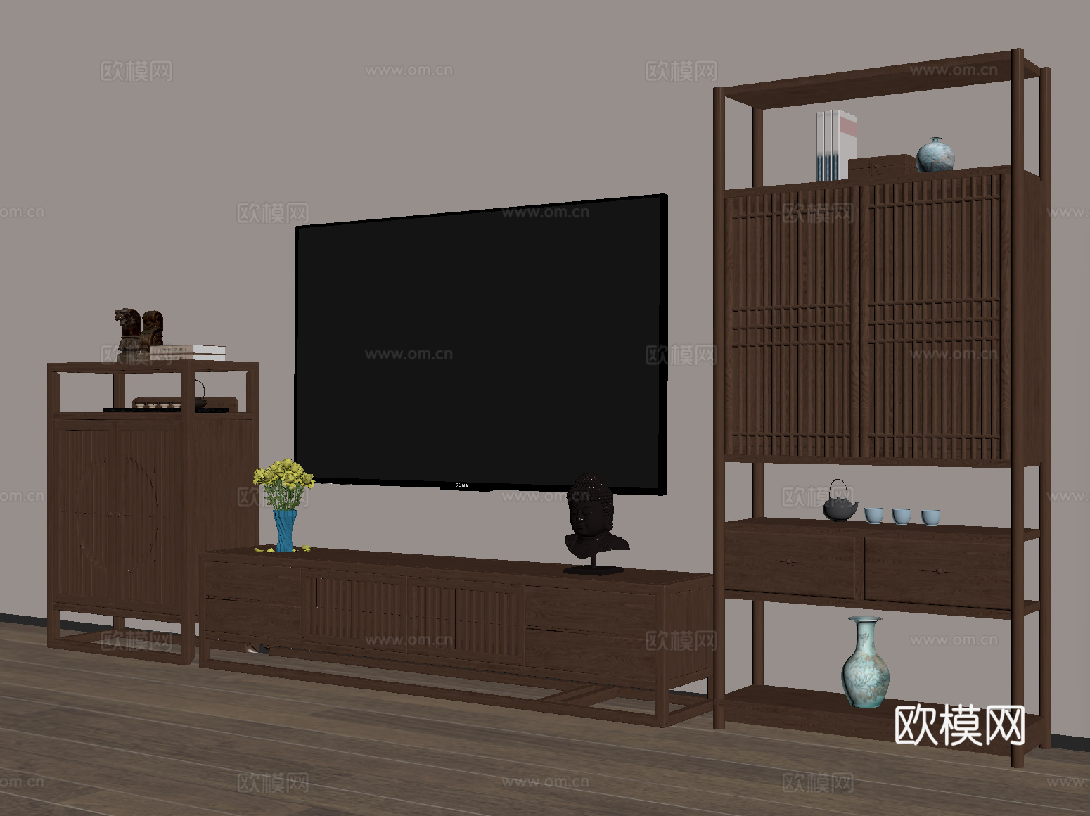 新中式电视柜 电视 博古架 置物架 饰品摆件su模型