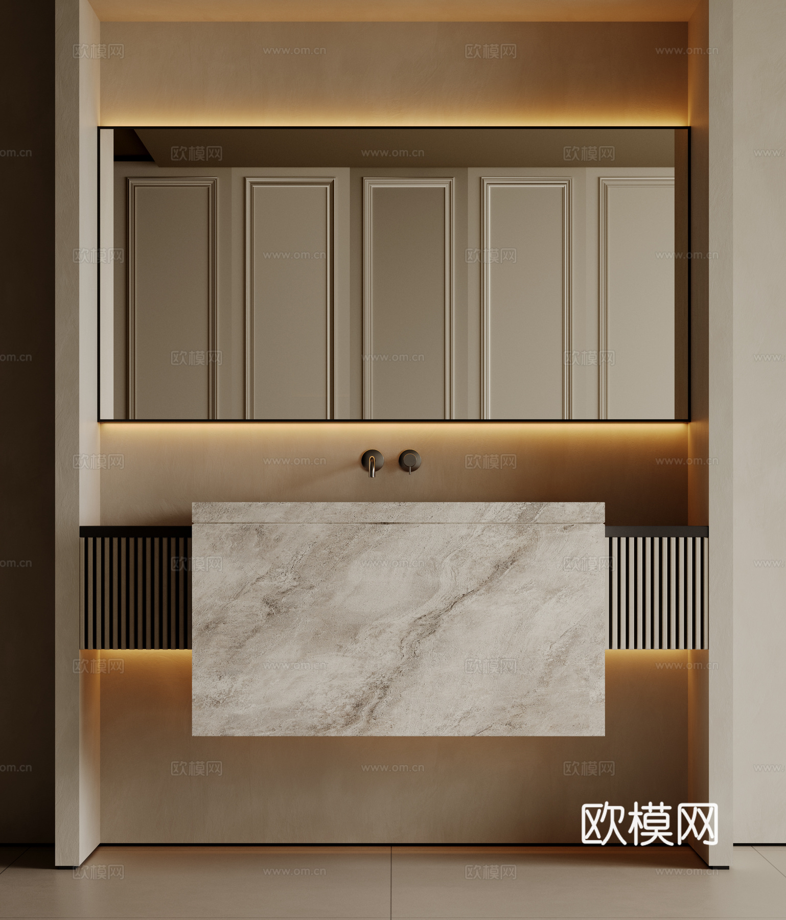 现代极简洗手台 中古浴室柜 台盆柜 装饰品摆件 镜子 卫生间su模型