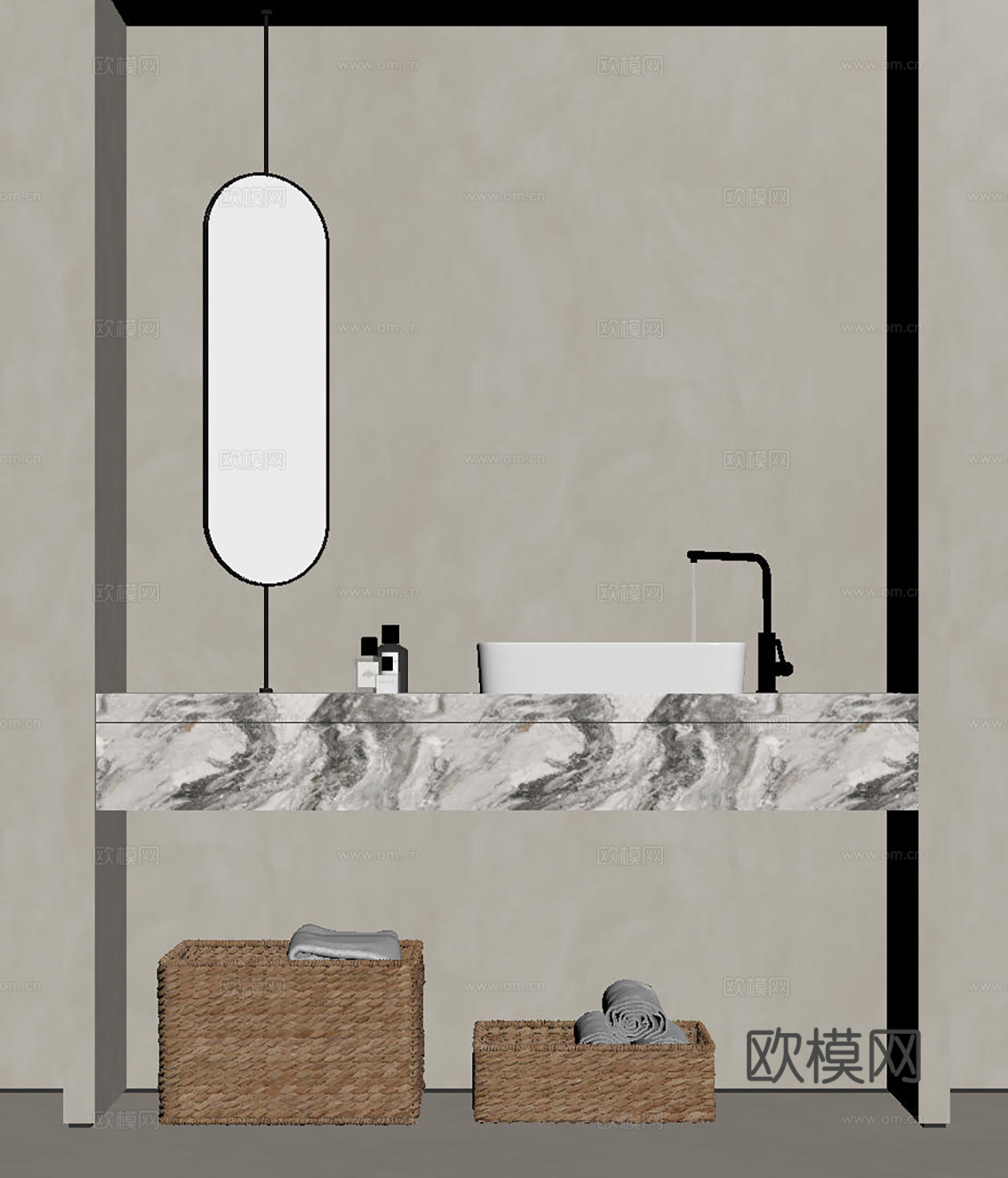 现代极简洗手台 中古浴室柜 台盆柜 装饰品摆件 镜子 卫生间su模型