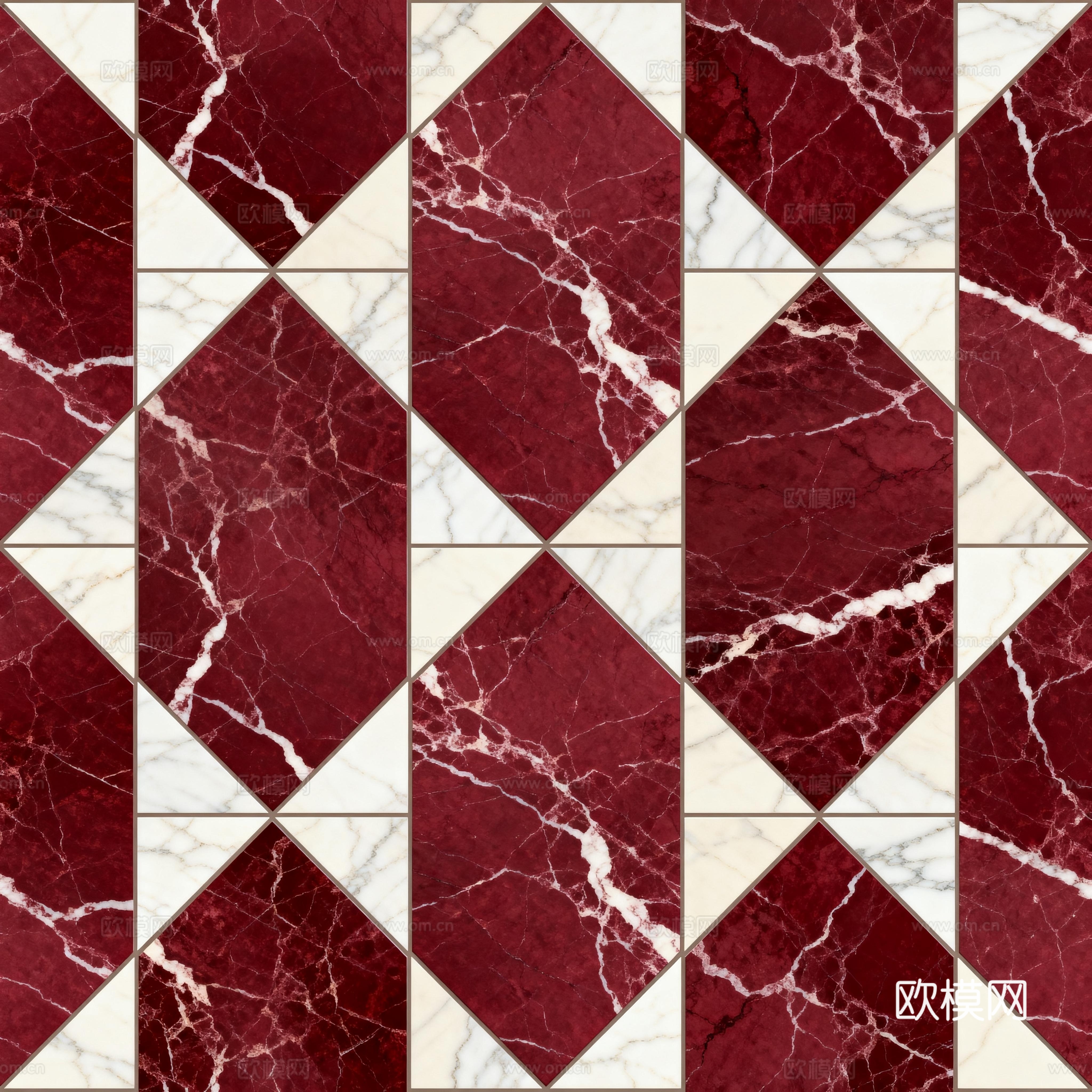 红白石材拼花 花卉几何图案水切刀拼花地砖 轻奢红白拼花大理石