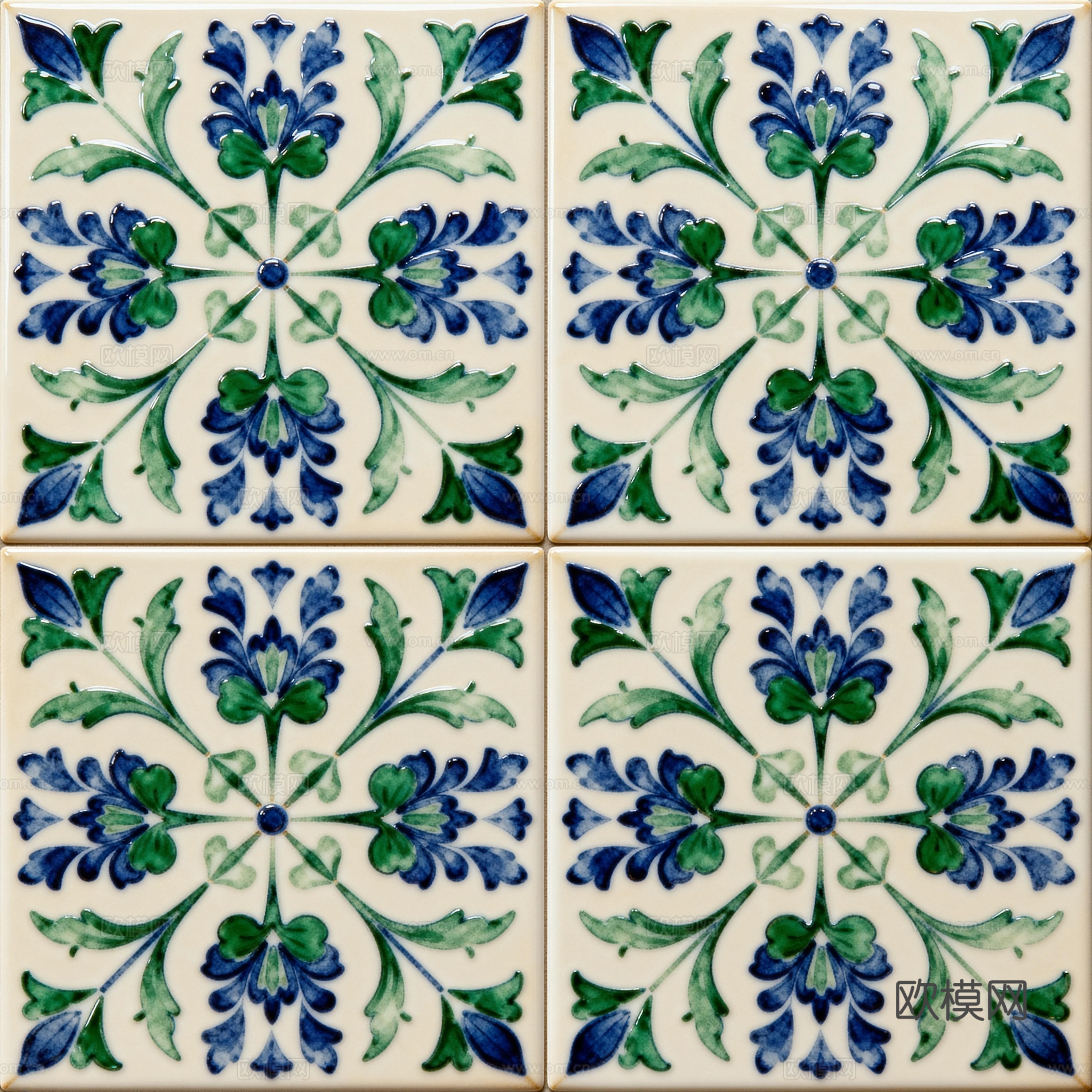田园风 蓝绿色花砖 绿色手绘艺术花砖 工艺砖 花纹图案花砖