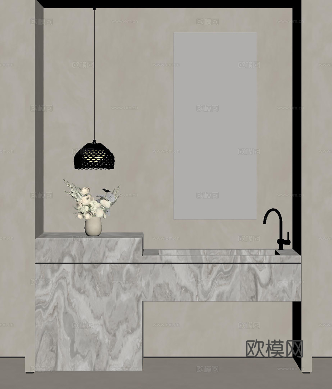 现代极简洗手台 中古浴室柜 台盆柜 装饰品摆件 镜子 卫生间su模型
