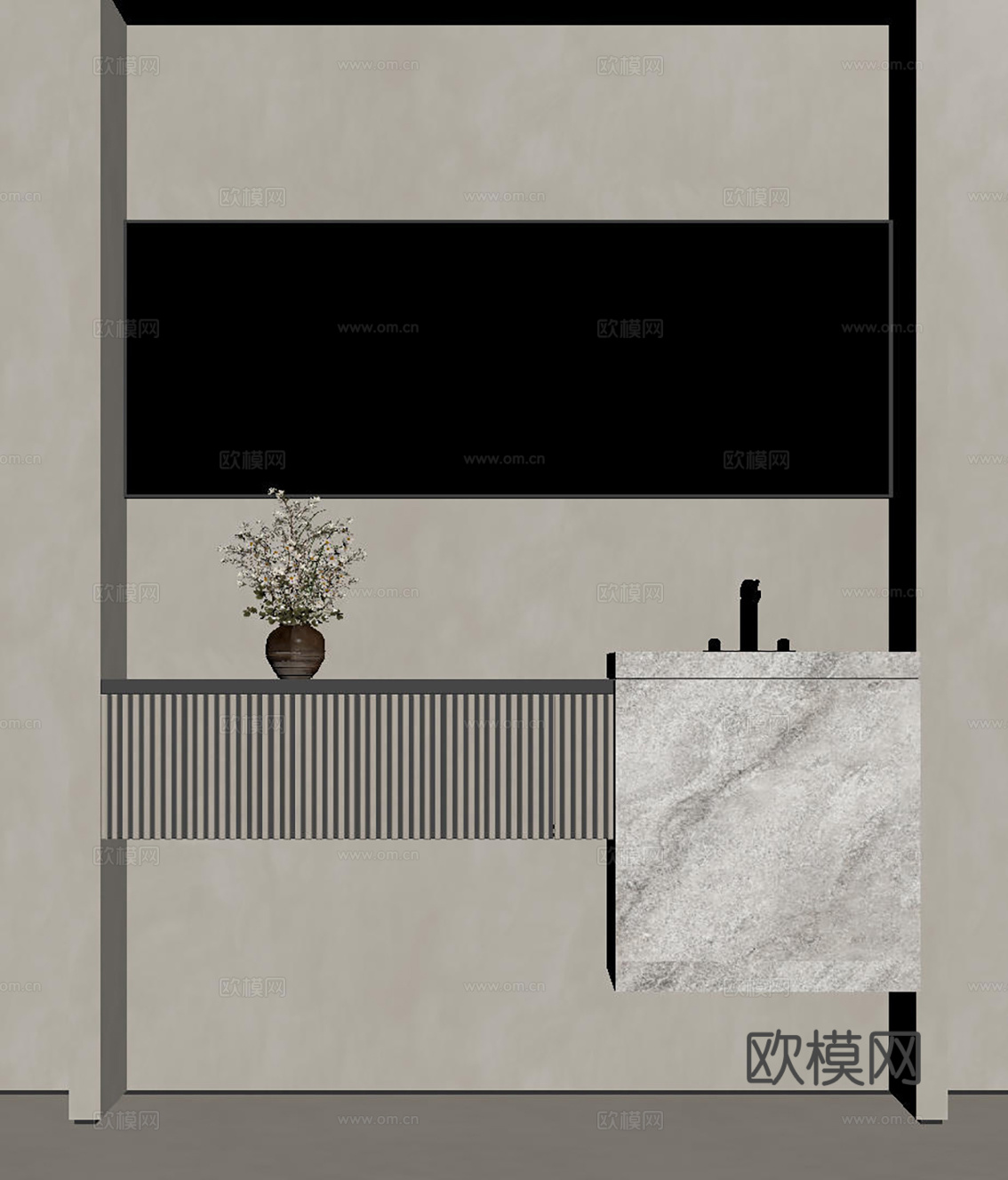 现代极简洗手台 中古浴室柜 台盆柜 装饰品摆件 镜子 卫生间su模型