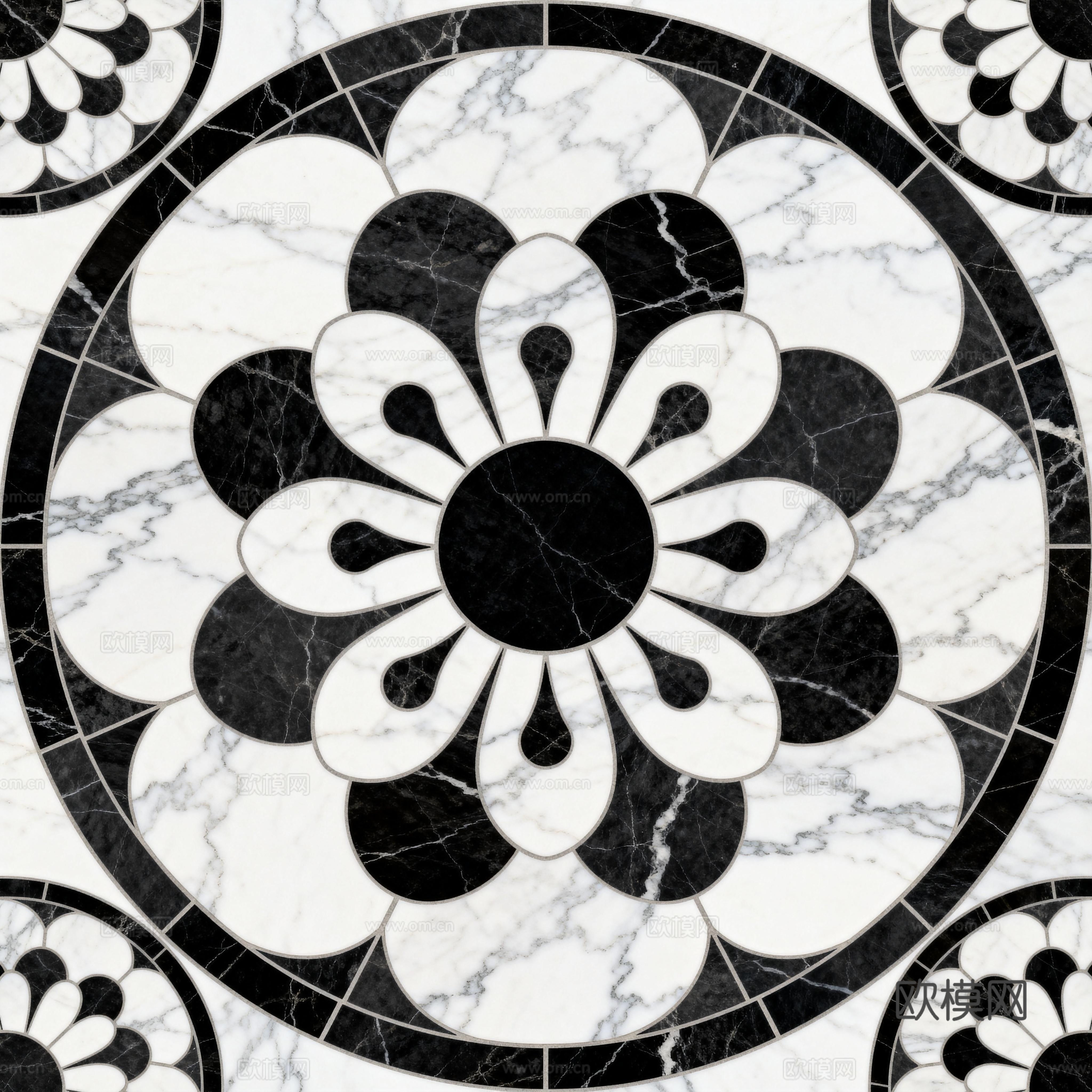 轻奢黑白拼花大理石 黑白石材圆形拼花 玄关圆形拼花