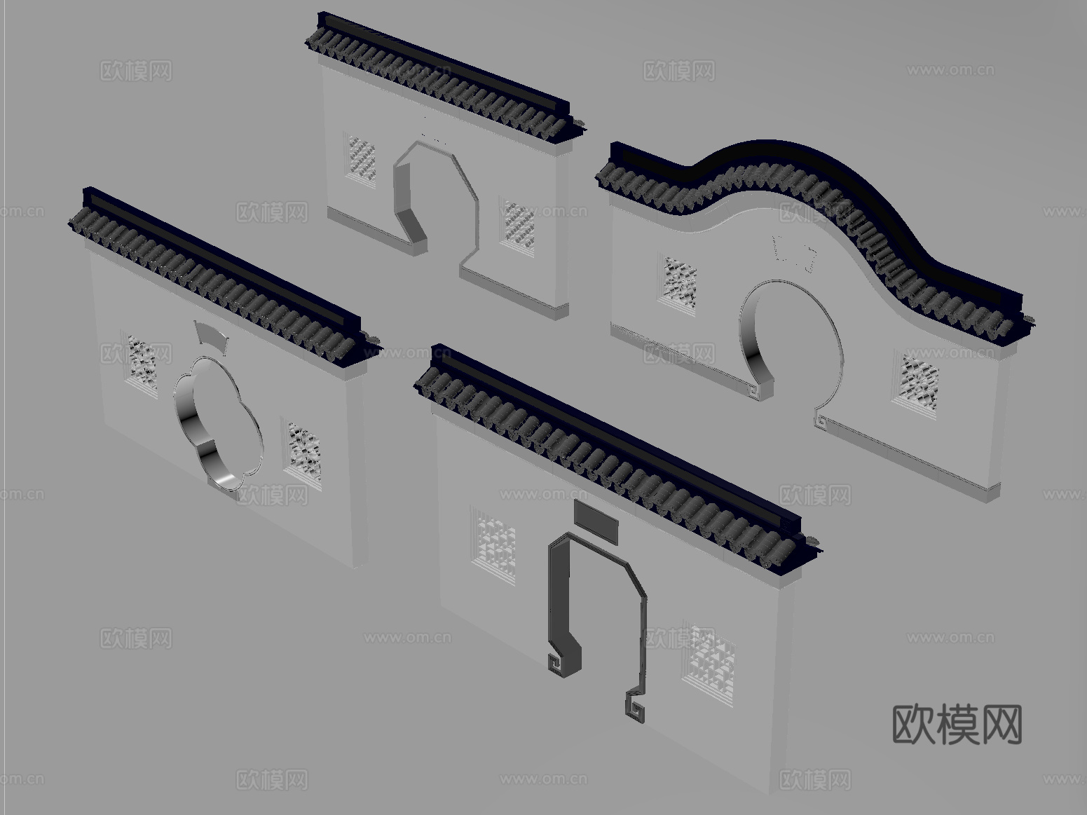 中式月亮门 围墙 景墙 围墙 古建围墙su模型