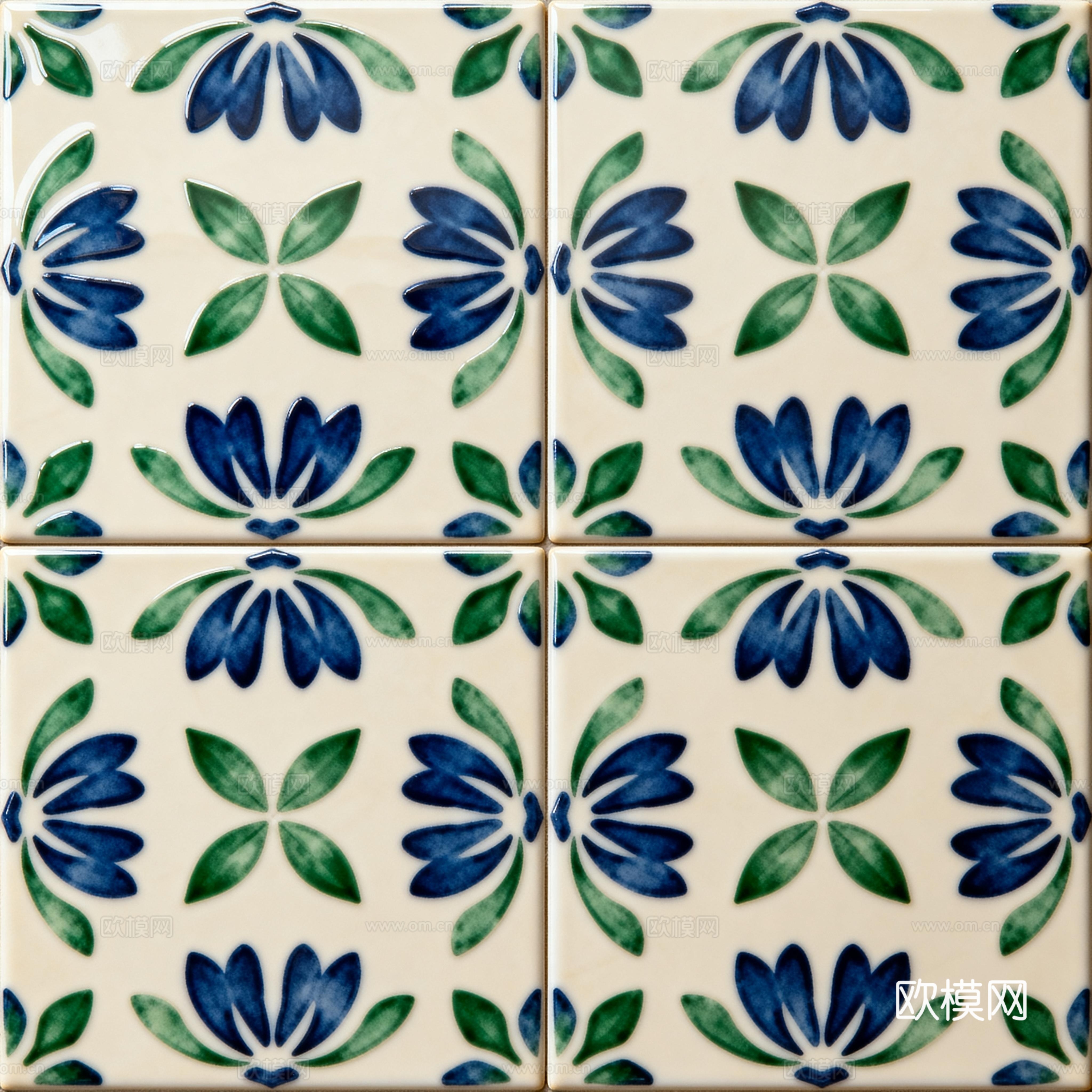 田园风 蓝绿色花砖 绿色手绘艺术花砖 工艺砖 花纹图案花砖