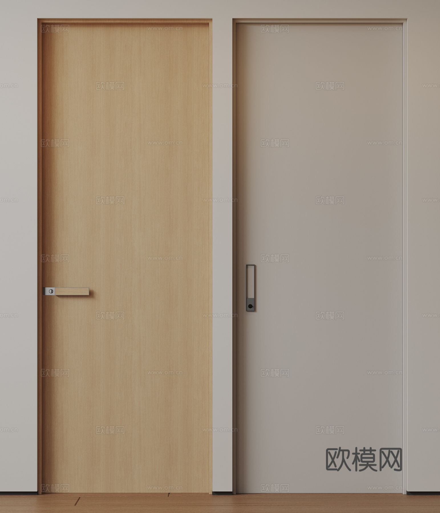 现代极简单开门 中古房间门 卧室门 平板门 实木门 平开门su模型
