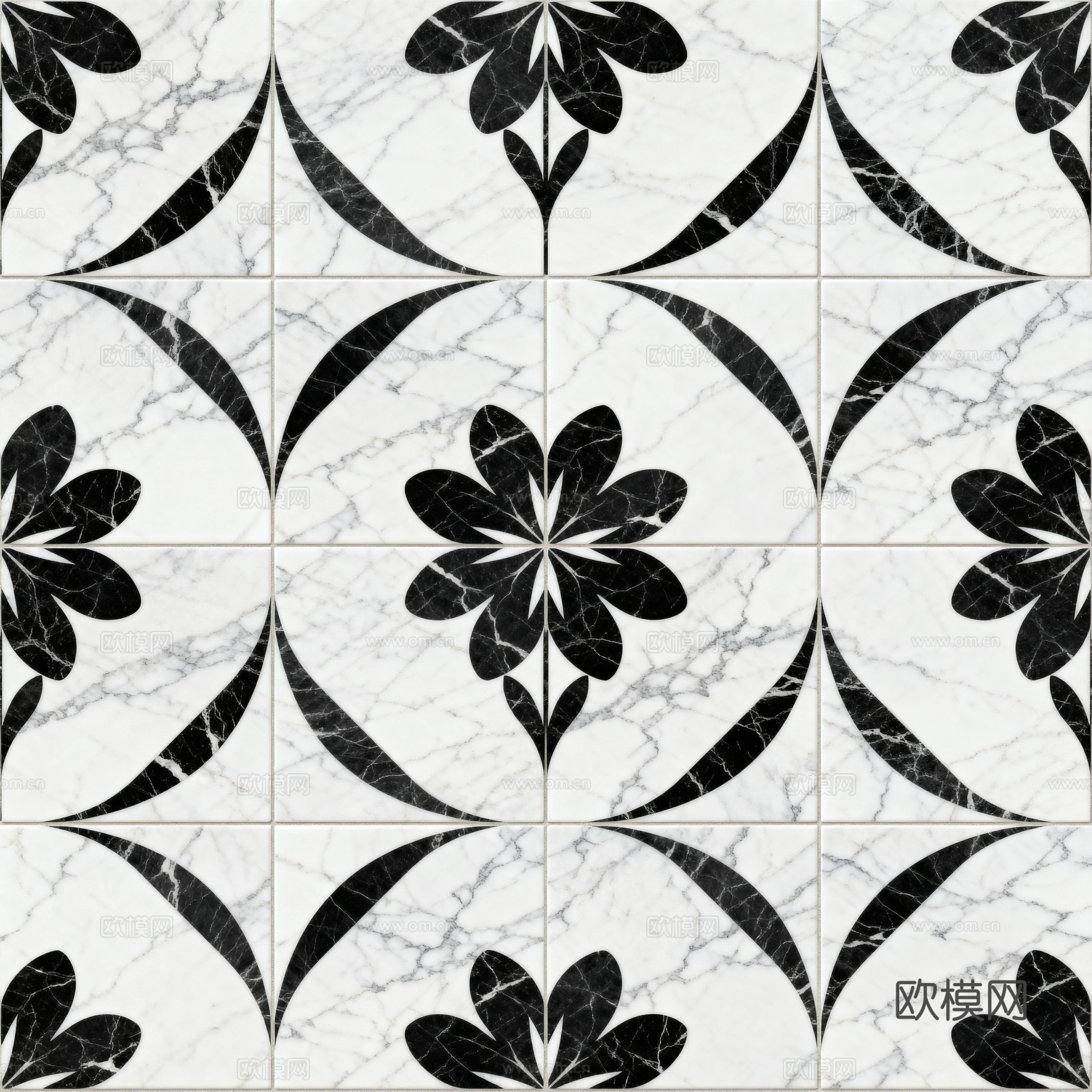 现代花砖 黑白石材拼花 花卉几何图案水刀石材拼花 石材马赛克下载