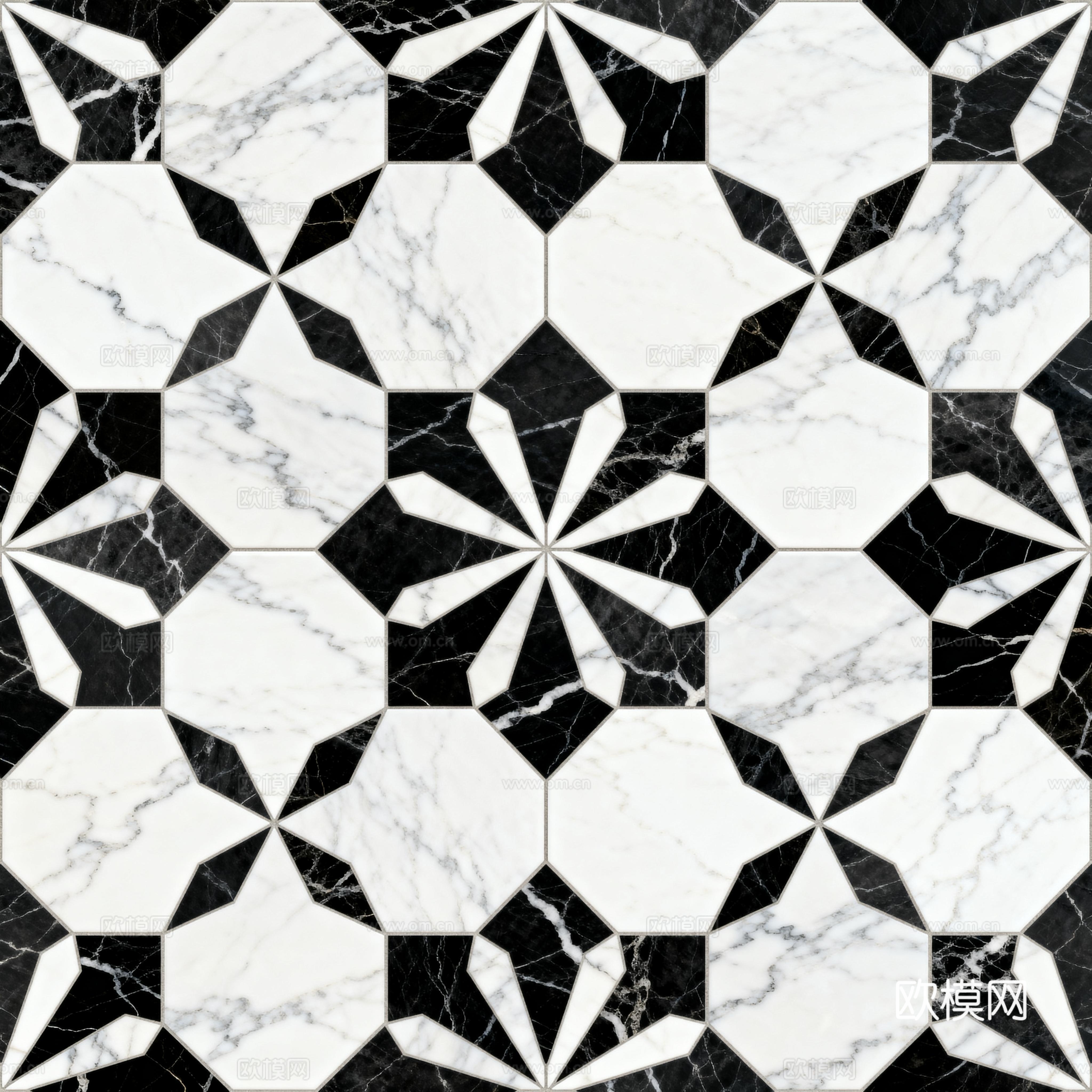 现代花砖 黑白石材拼花 花卉几何图案水刀石材拼花 石材马赛克