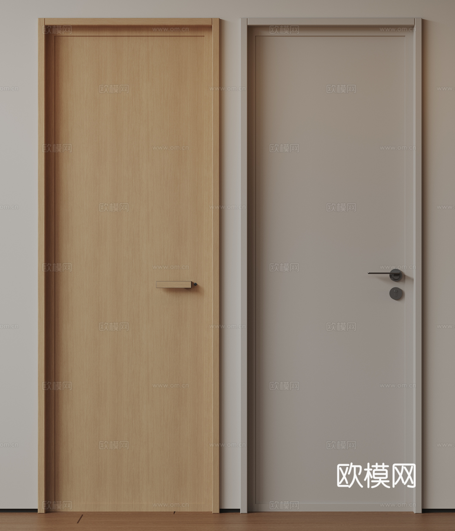 现代极简单开门 中古房间门 卧室门 平板门 实木门 平开门su模型