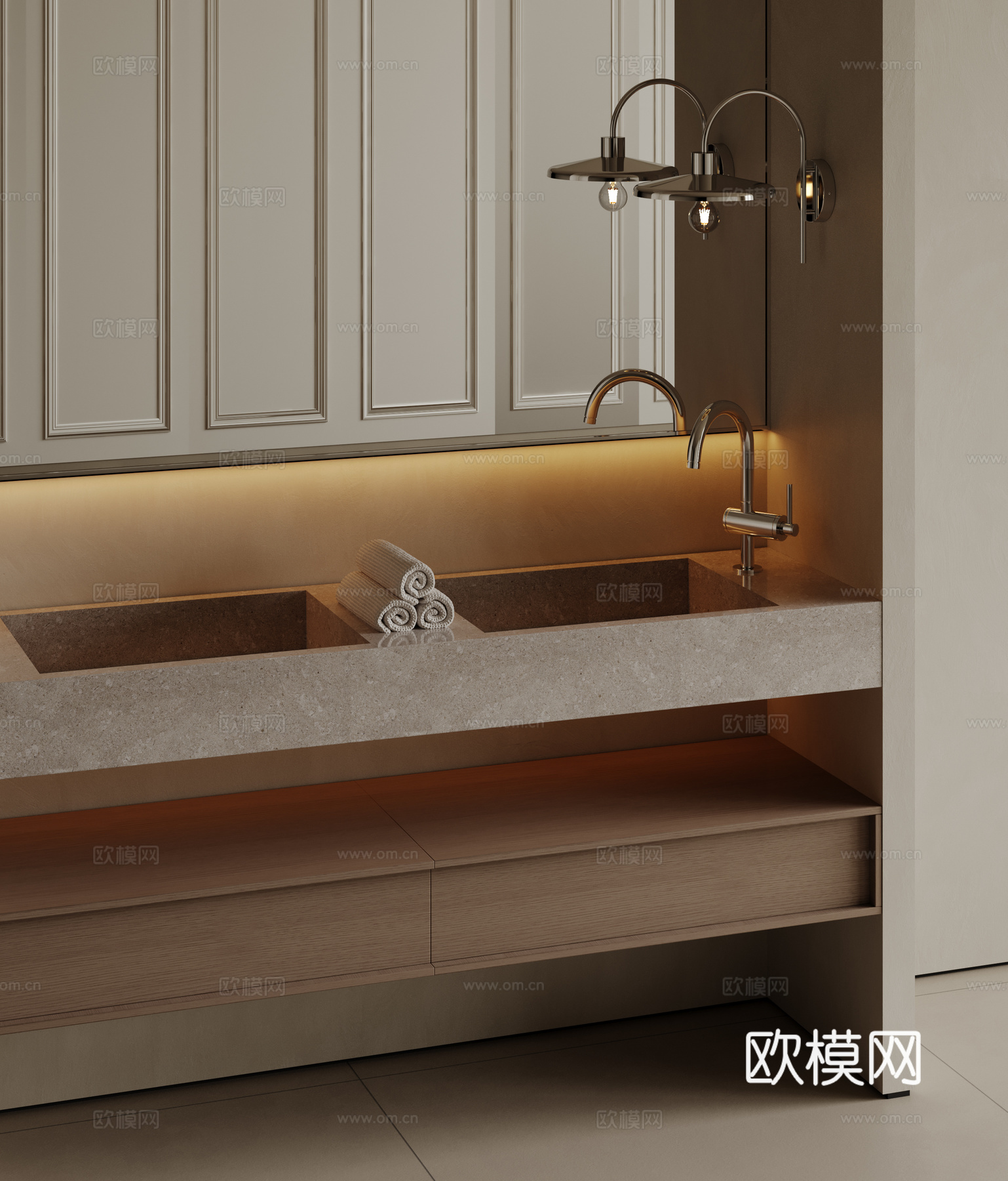 现代极简洗手台 中古浴室柜 台盆柜 装饰品摆件 镜子 卫生间su模型