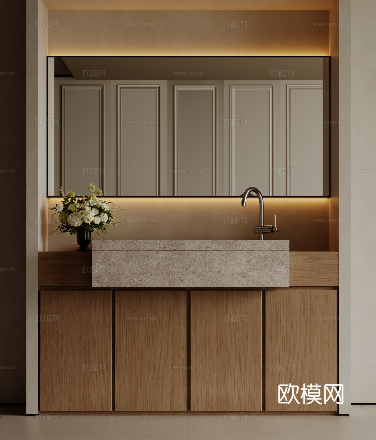 现代极简洗手台 中古浴室柜 台盆柜 装饰品摆件 镜子 卫生间su模型