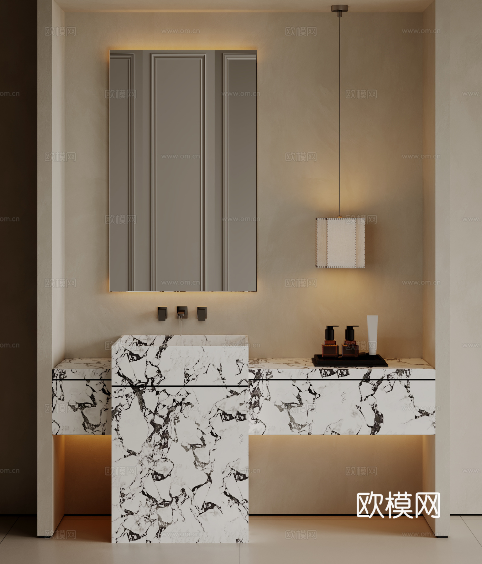 现代极简洗手台 中古浴室柜 台盆柜 装饰品摆件 镜子 卫生间su模型