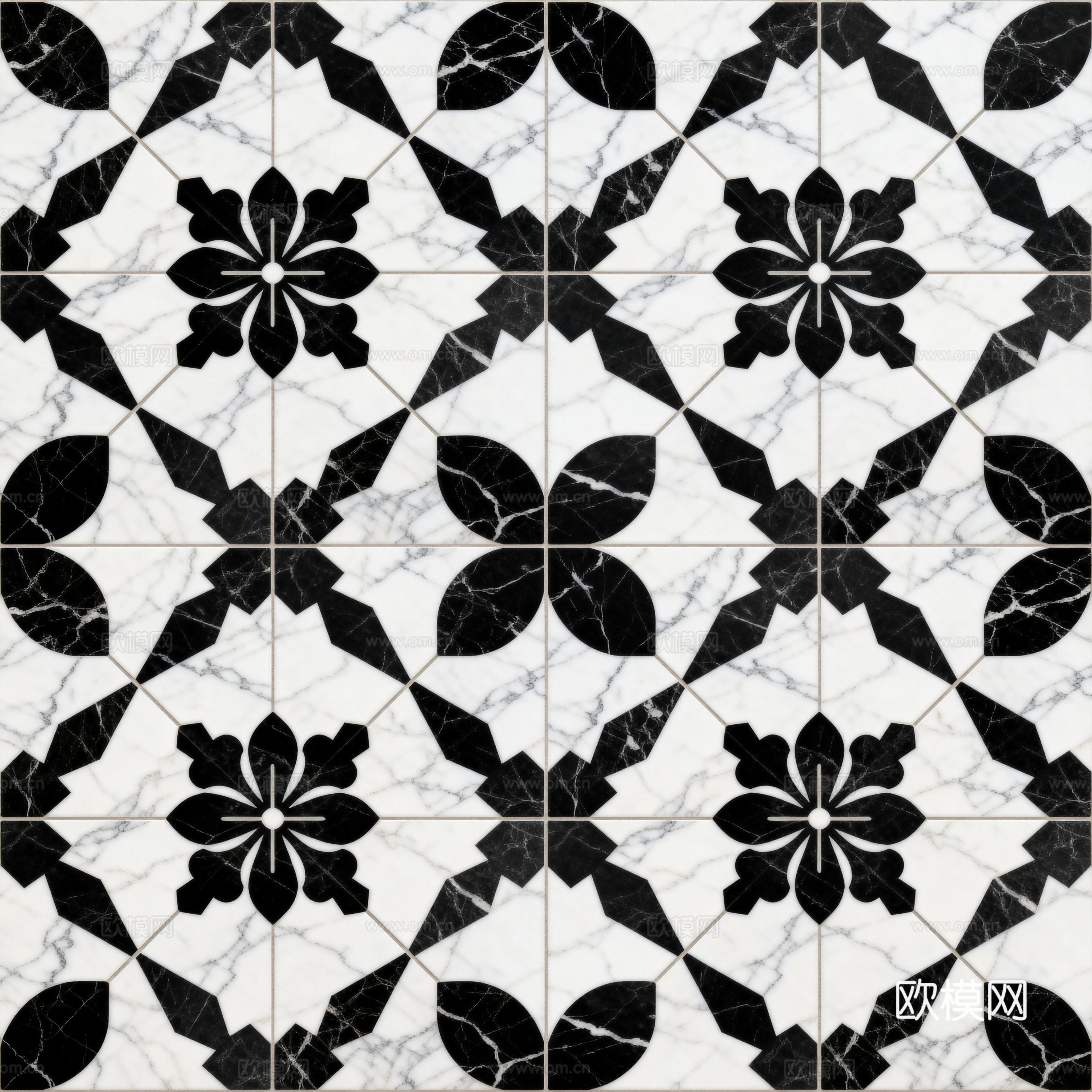 现代花砖 黑白石材拼花 花卉几何图案水刀石材拼花 石材马赛克