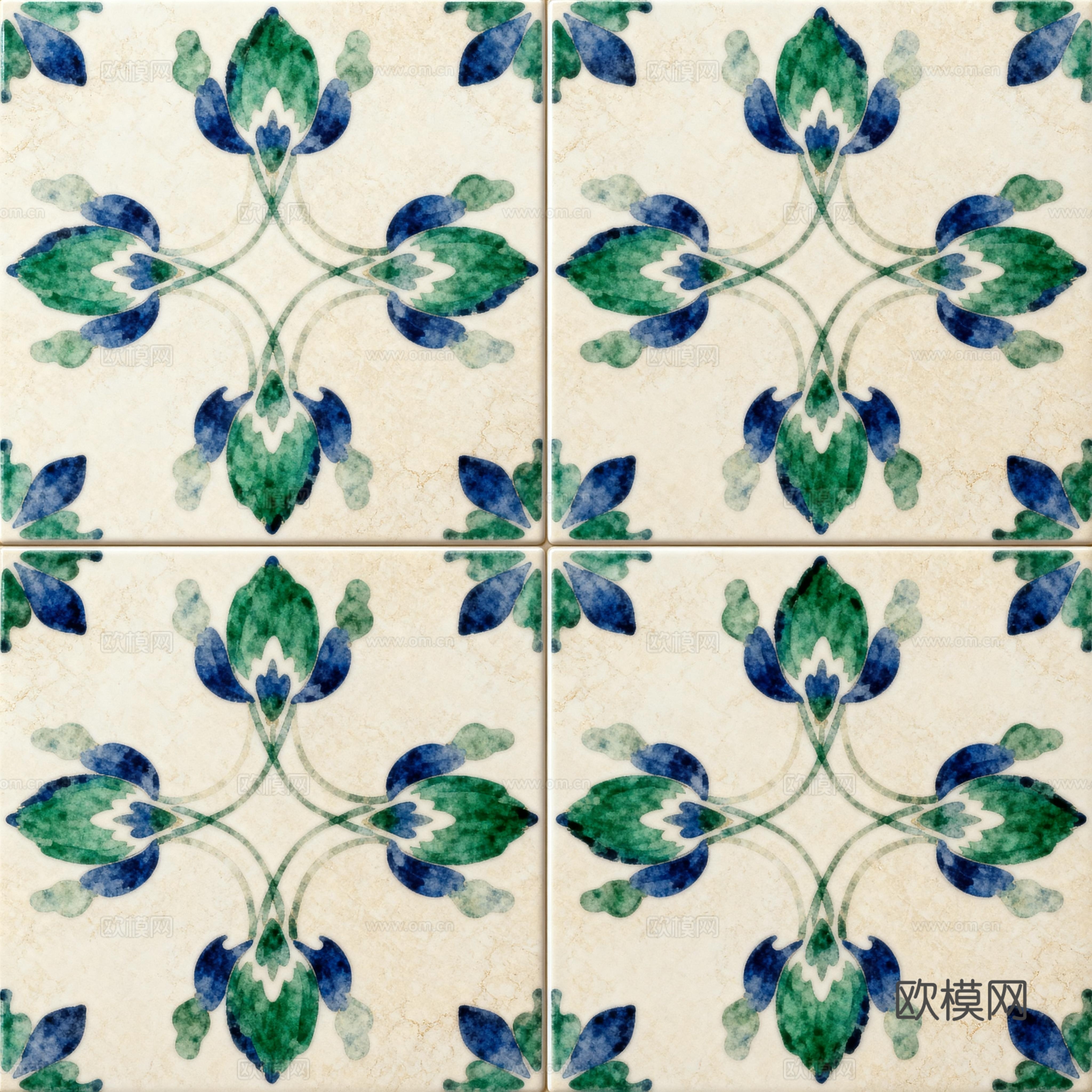田园风 蓝绿色花砖 绿色手绘艺术花砖 工艺砖 花纹图案花砖