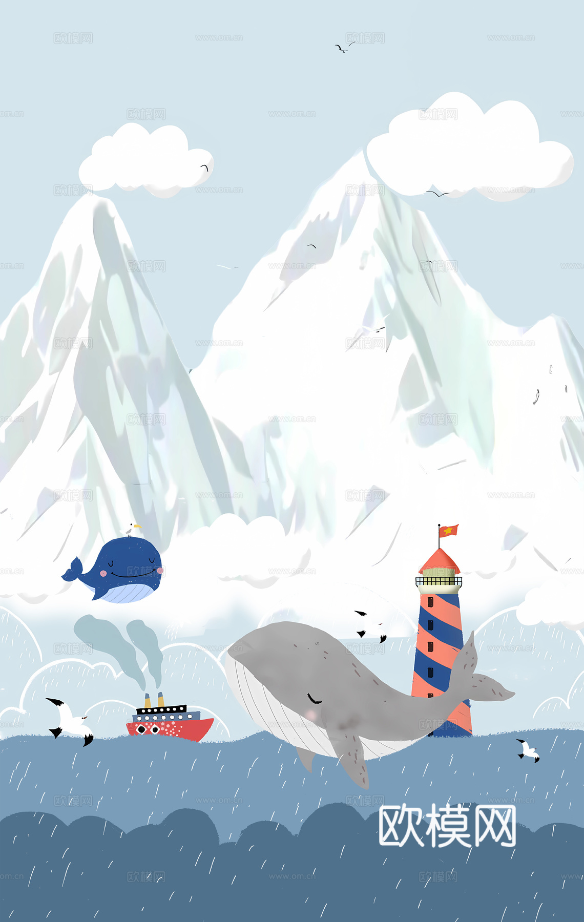 现代壁画_儿童房壁画_卡通壁画_海洋卡通壁纸贴图