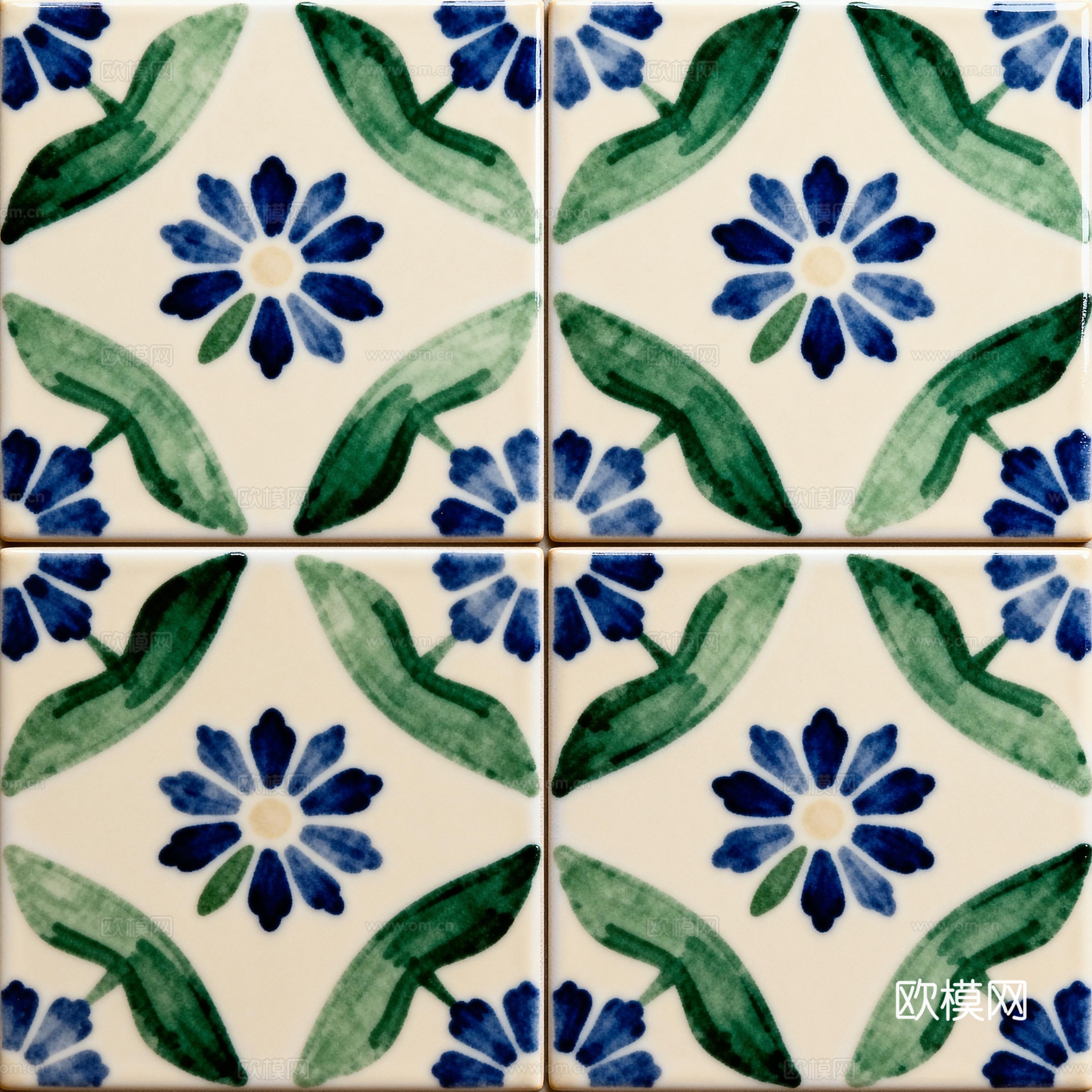 田园风 蓝绿色花砖 绿色手绘艺术花砖 工艺砖 花纹图案花砖