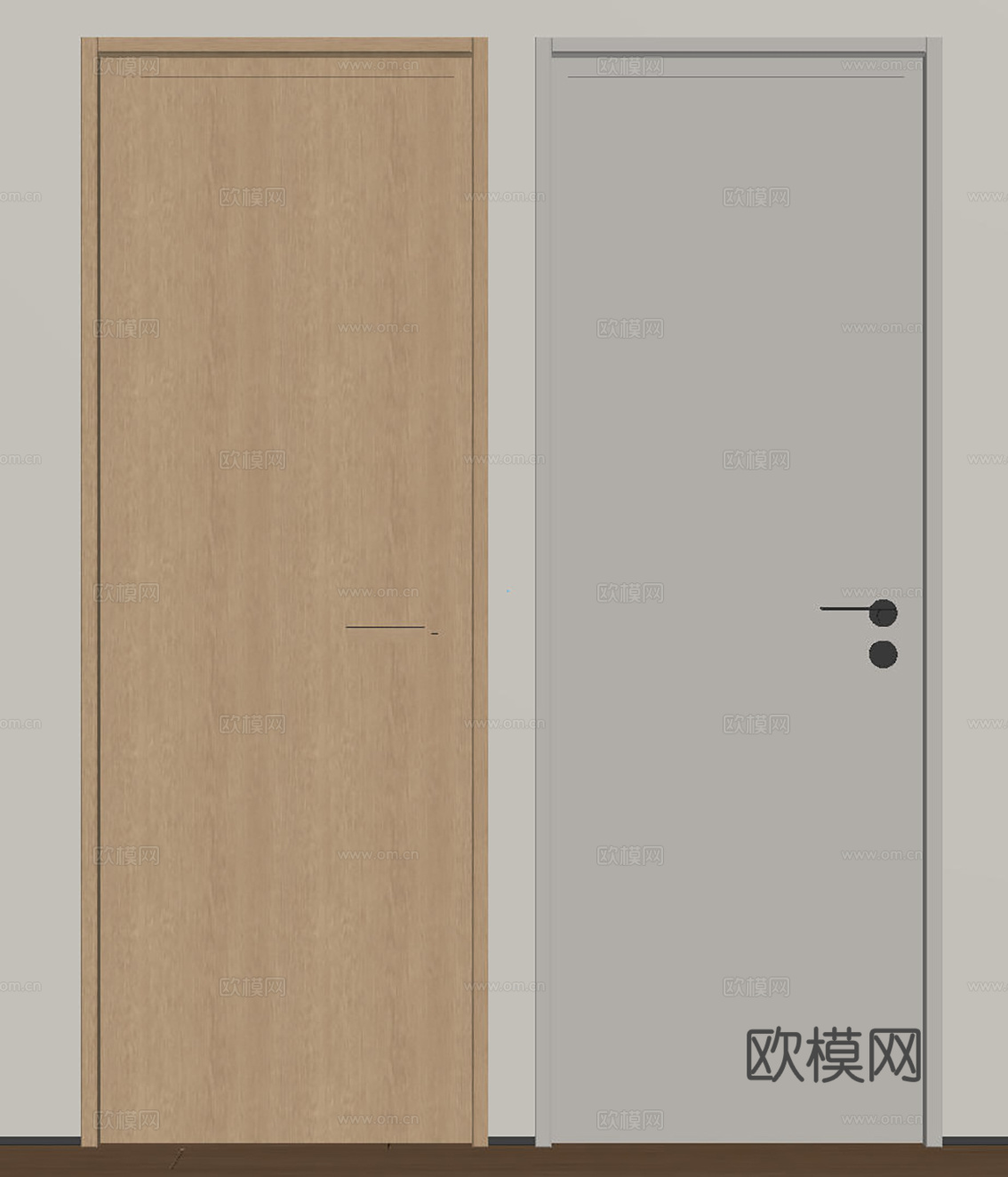 现代极简单开门 中古房间门 卧室门 平板门 实木门 平开门su模型