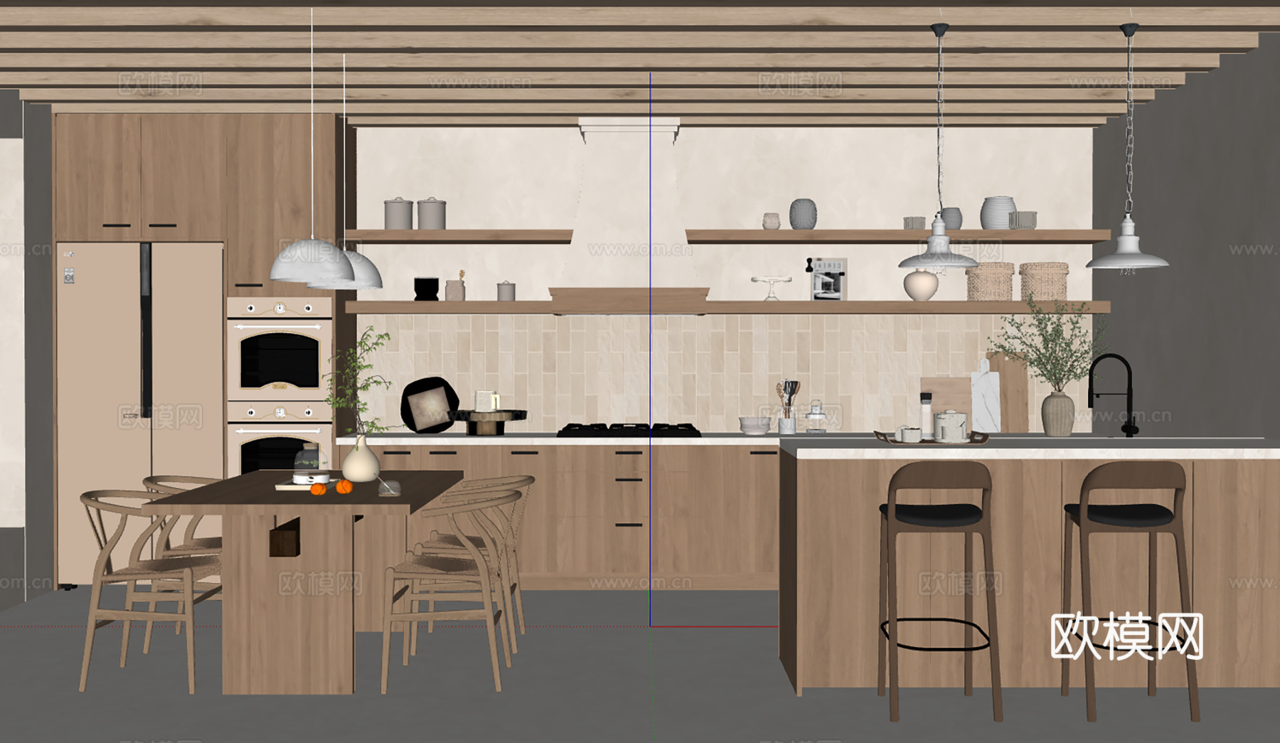 现代原木奶油风开放式厨房 餐厨一体 开放式餐厅 U型厨房su模型