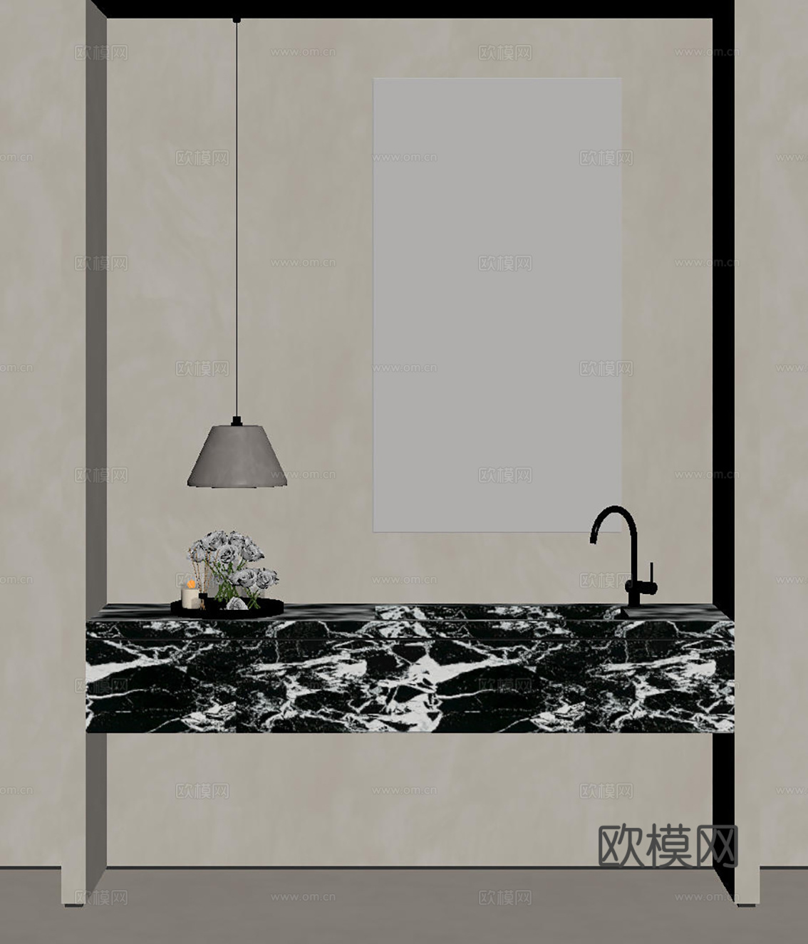 现代极简洗手台 中古浴室柜 台盆柜 装饰品摆件 镜子 卫生间su模型