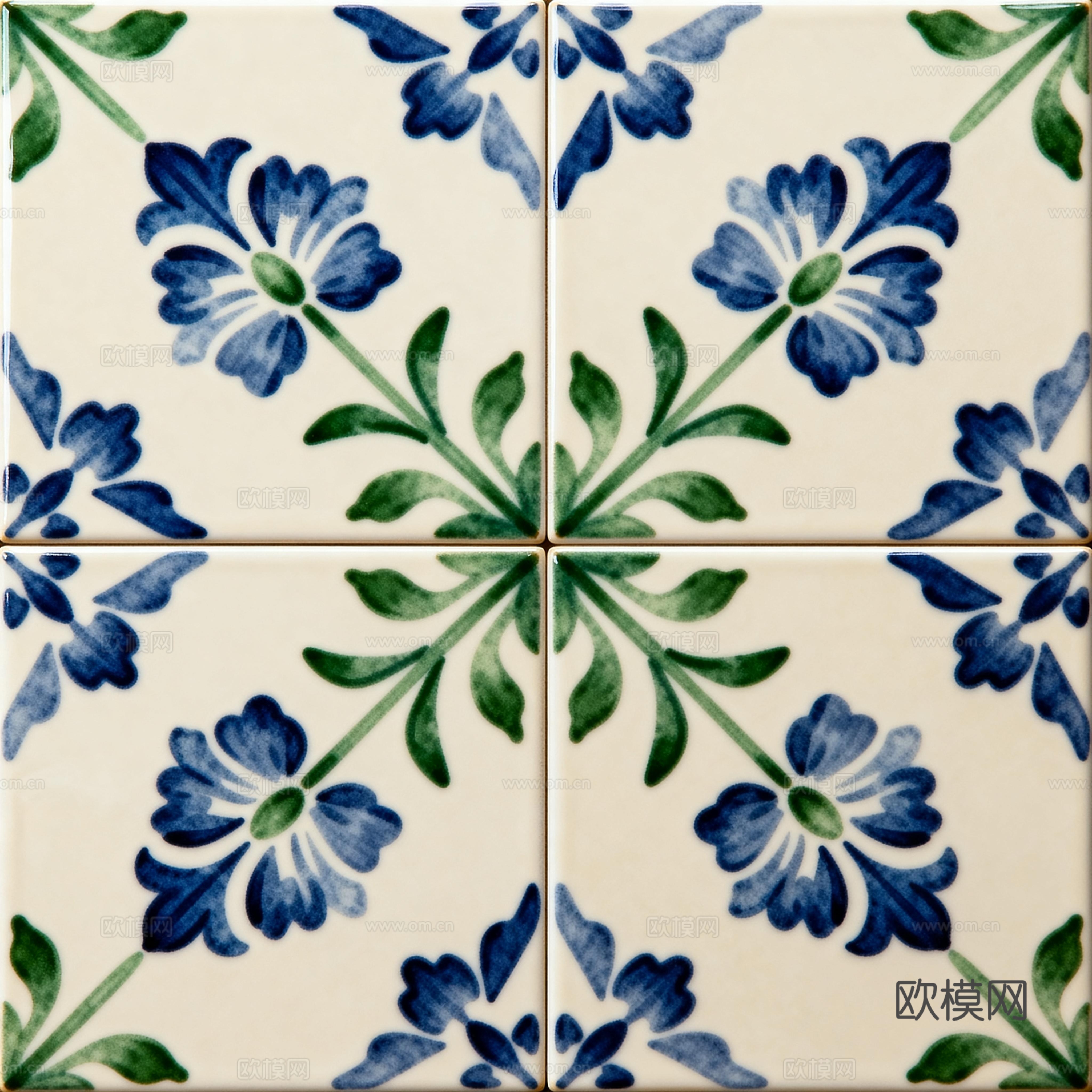 田园风 蓝绿色花砖 绿色手绘艺术花砖 工艺砖 花纹图案花砖