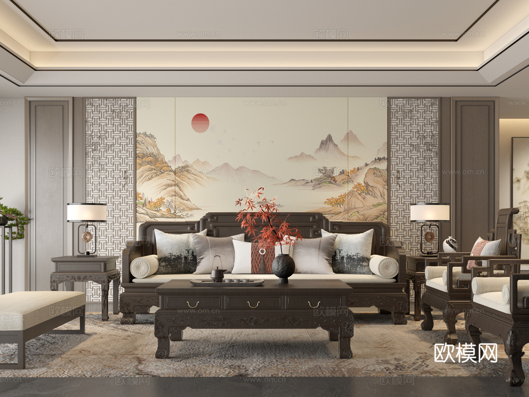 新中式客厅 沙发 实木沙发 中式沙发su模型