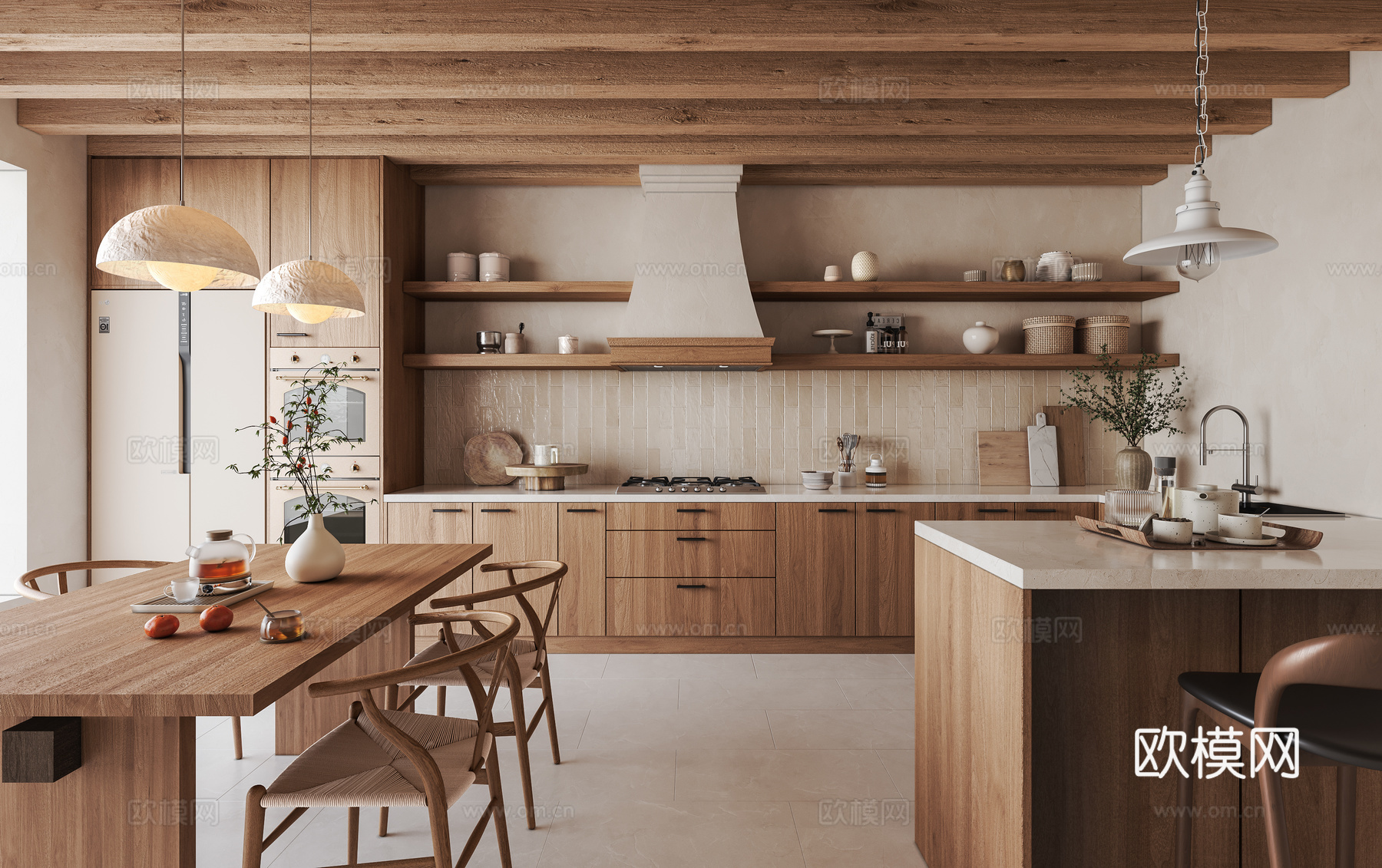 现代原木奶油风开放式厨房 餐厨一体 开放式餐厅 U型厨房su模型
