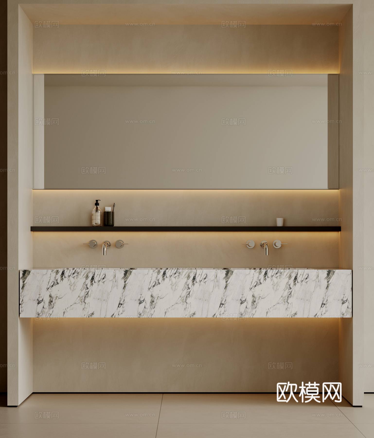现代极简洗手台 中古浴室柜 台盆柜 装饰品摆件 镜子 卫生间su模型