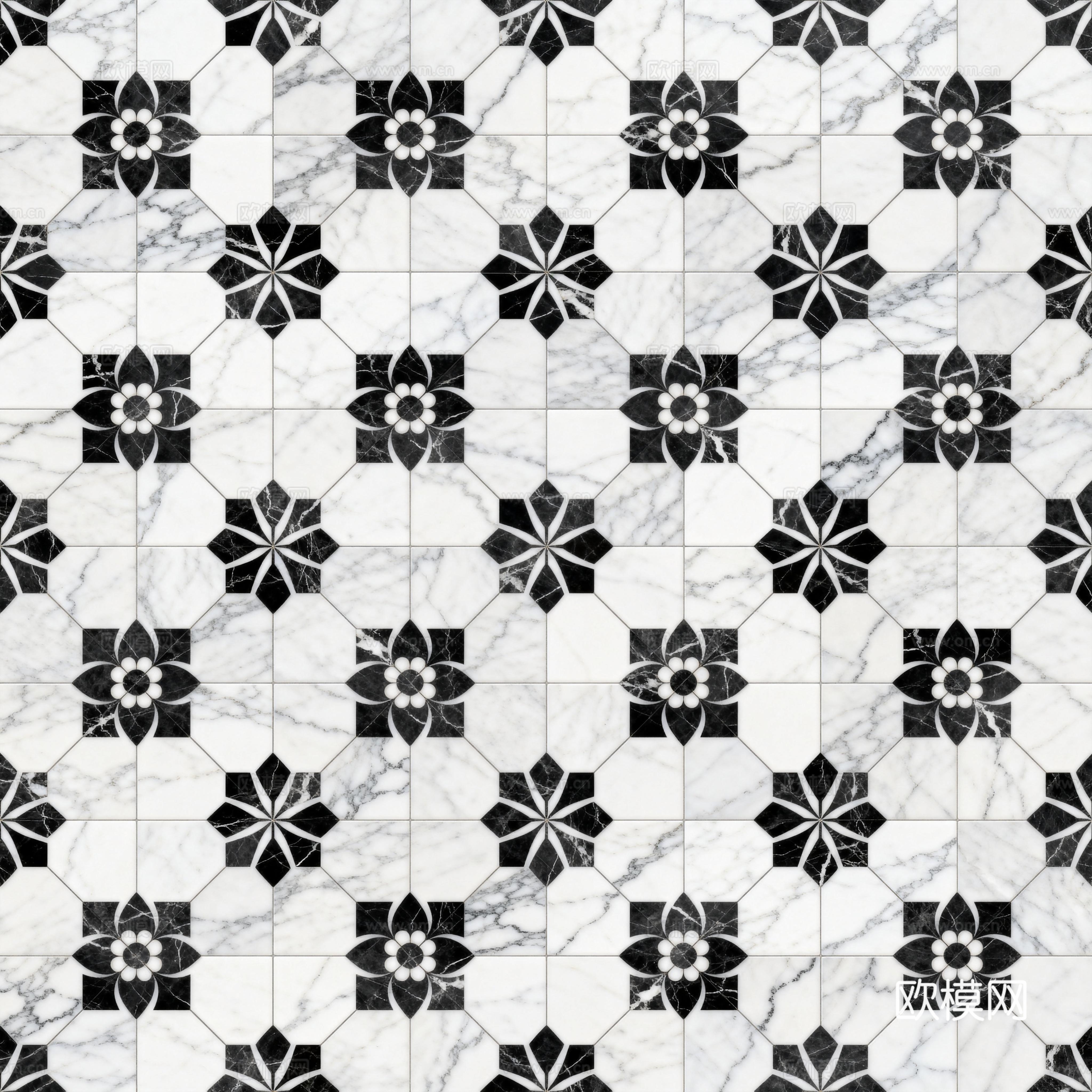 现代花砖 黑白石材拼花 花卉几何图案水刀石材拼花 石材马赛克