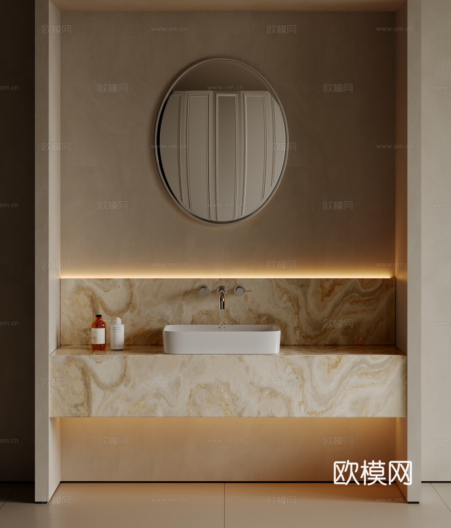现代极简洗手台 中古浴室柜 台盆柜 装饰品摆件 镜子 卫生间su模型
