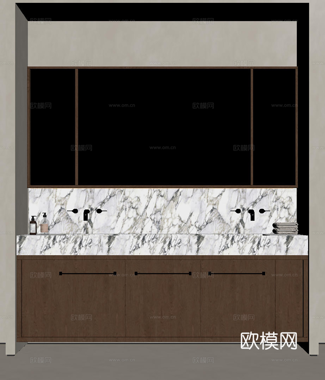 现代极简洗手台 中古浴室柜 台盆柜 装饰品摆件 镜子 卫生间su模型