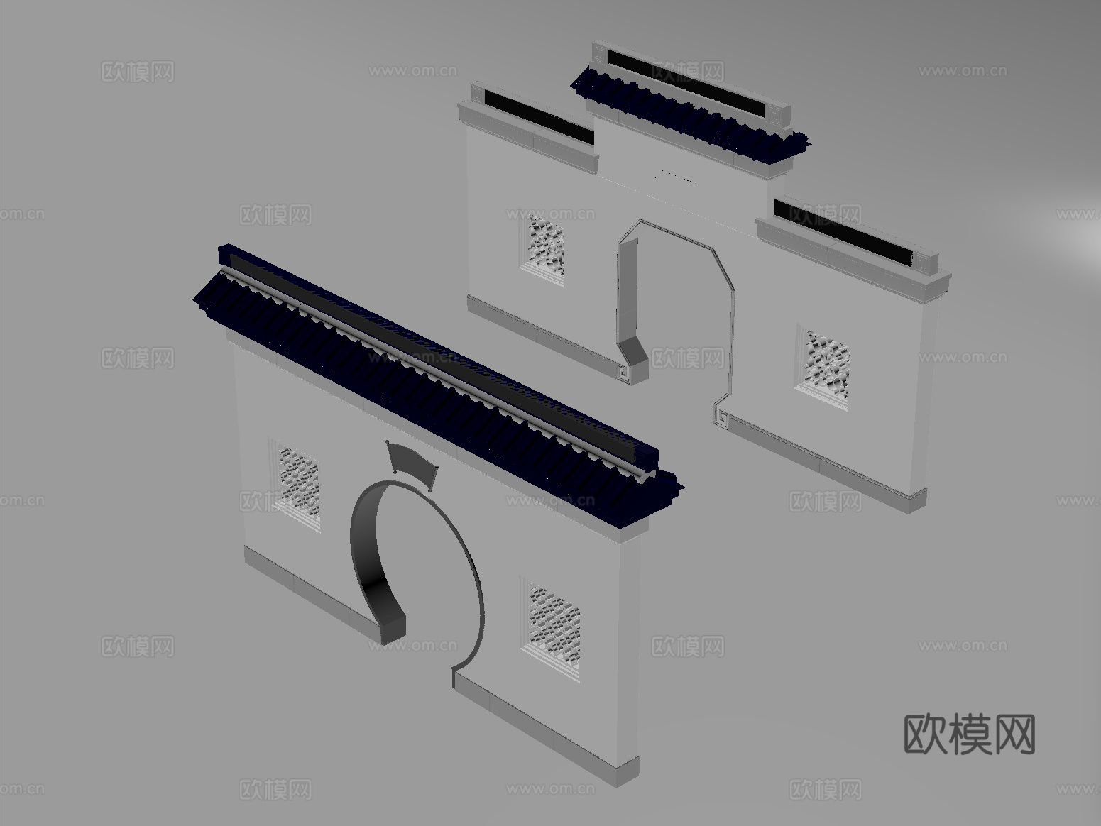 中式月亮门 围墙 景墙 围墙 古建围墙su模型