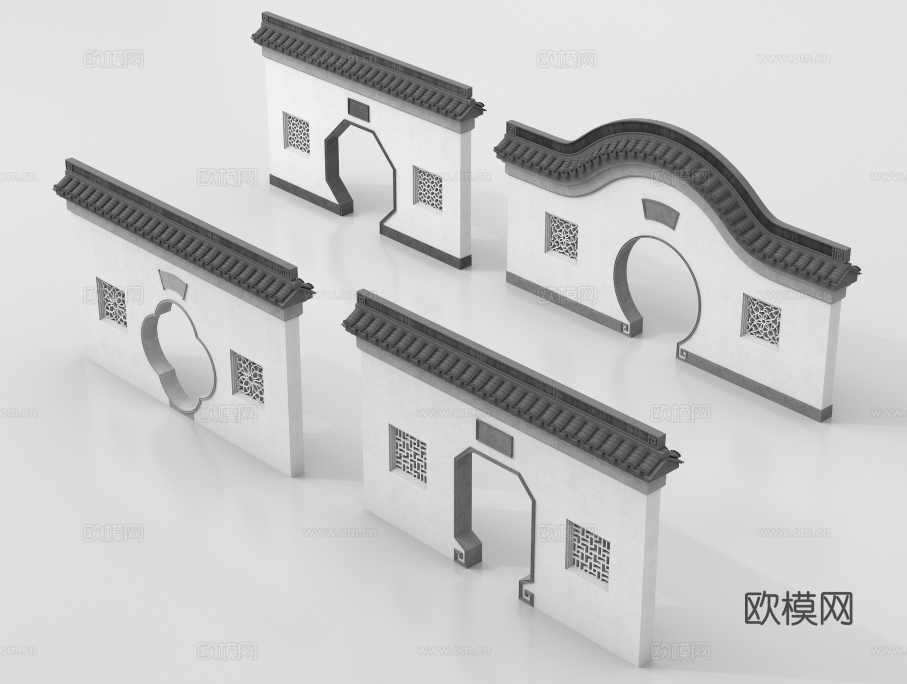 中式月亮门 围墙 景墙 围墙 古建围墙su模型