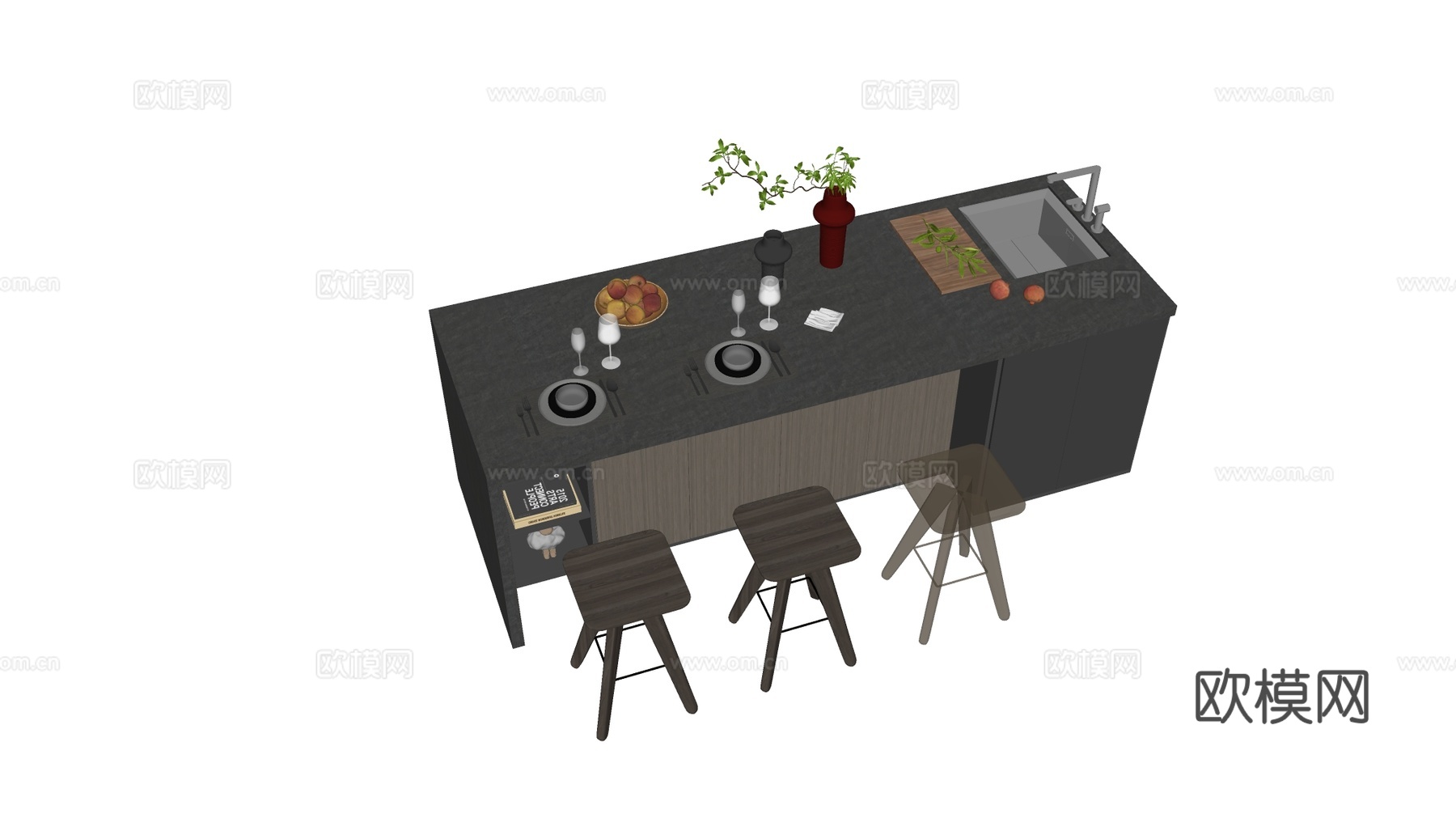厨房岛台 开放式厨房吧台 厨房中岛 高脚凳吧台凳 餐具果盘花su模型